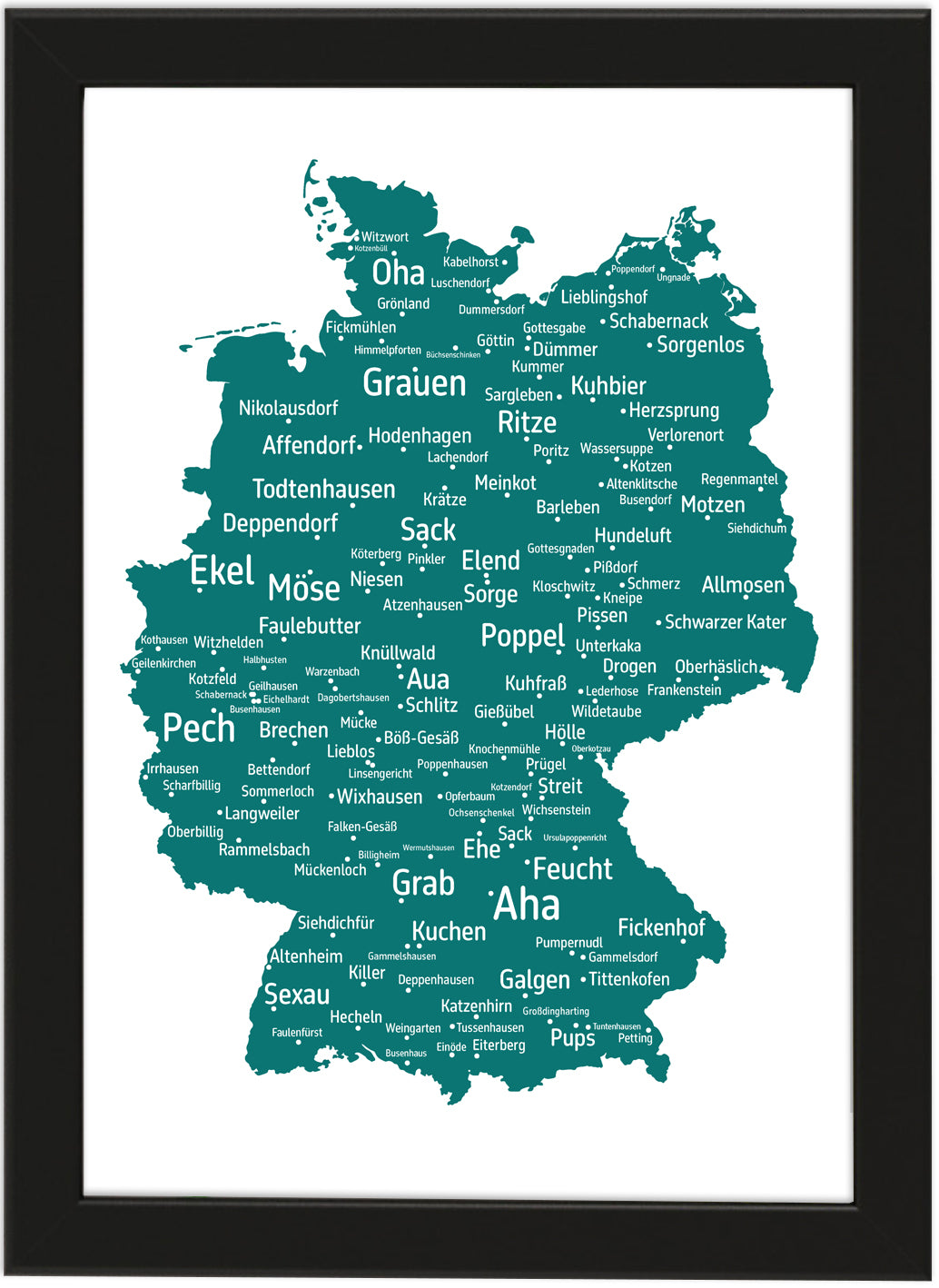 Die lustigsten und skurrilsten Ortsnamen in Deutschland als Poster in verschiedenen Farben und Größen