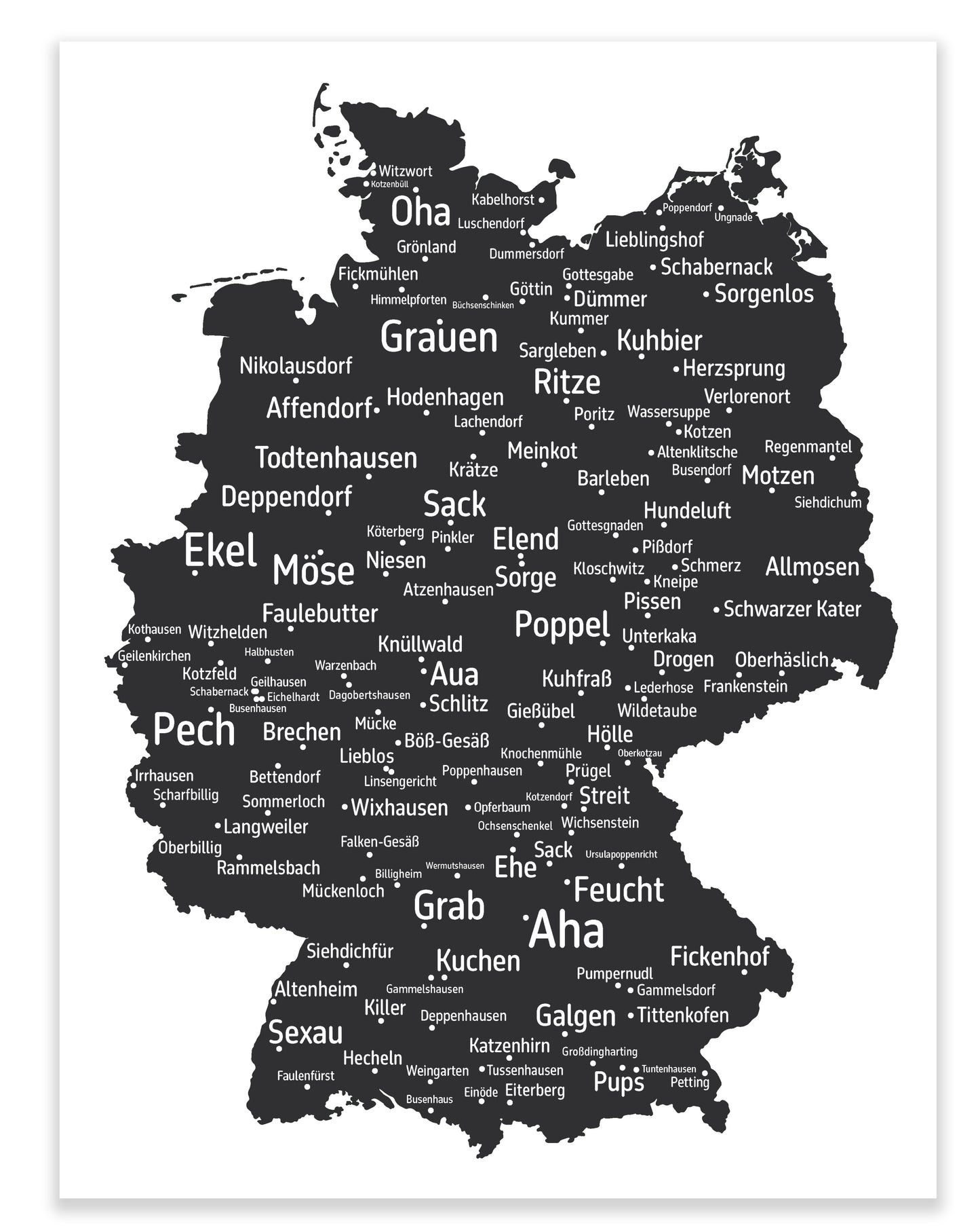 Die lustigsten und skurrilsten Ortsnamen in Deutschland als Poster in verschiedenen Farben und Größen