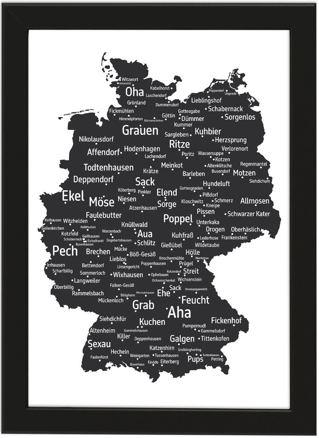 Die lustigsten und skurrilsten Ortsnamen in Deutschland als Poster in verschiedenen Farben und Größen