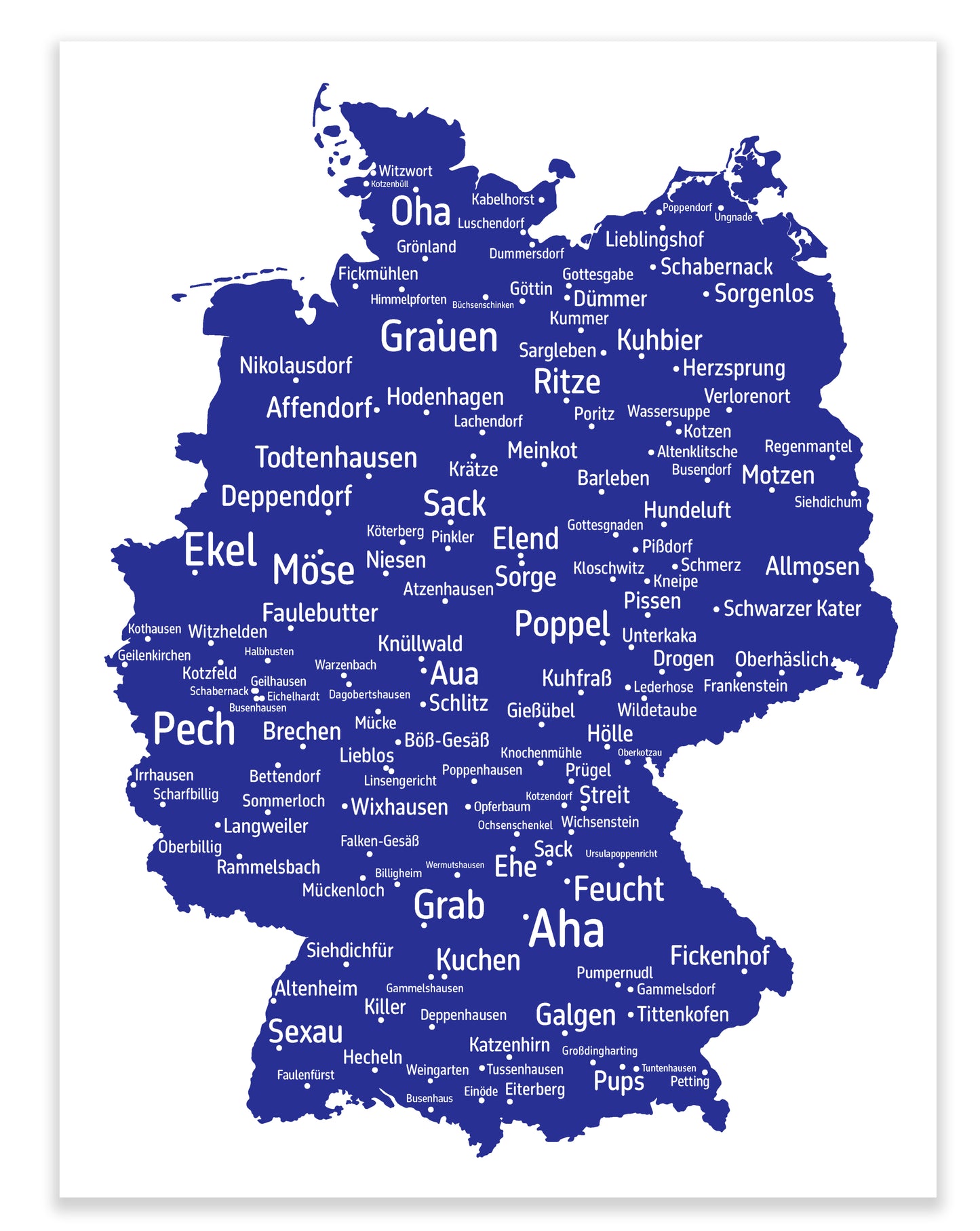 Die lustigsten und skurrilsten Ortsnamen in Deutschland als Poster in verschiedenen Farben und Größen