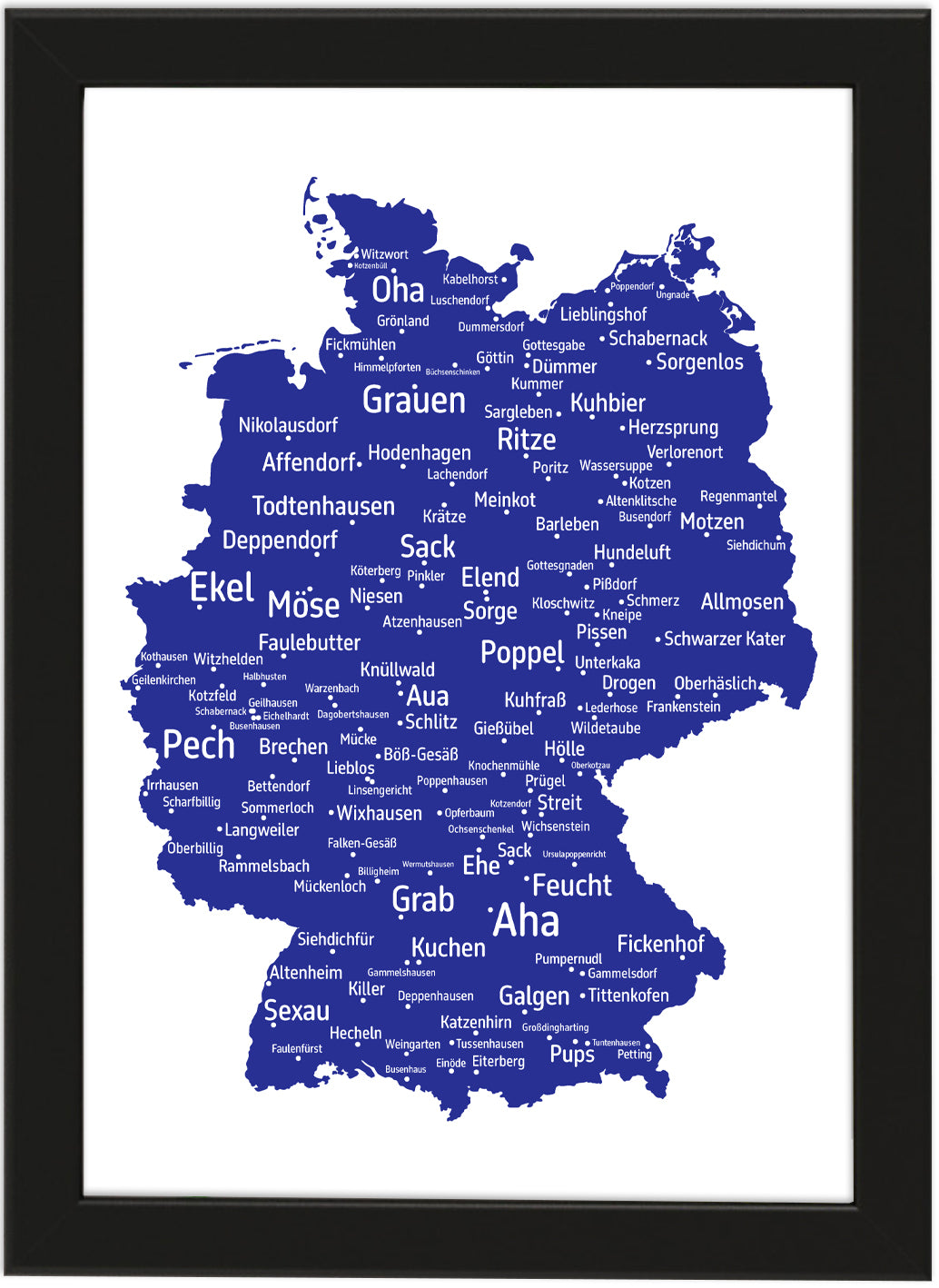 Die lustigsten und skurrilsten Ortsnamen in Deutschland als Poster in verschiedenen Farben und Größen