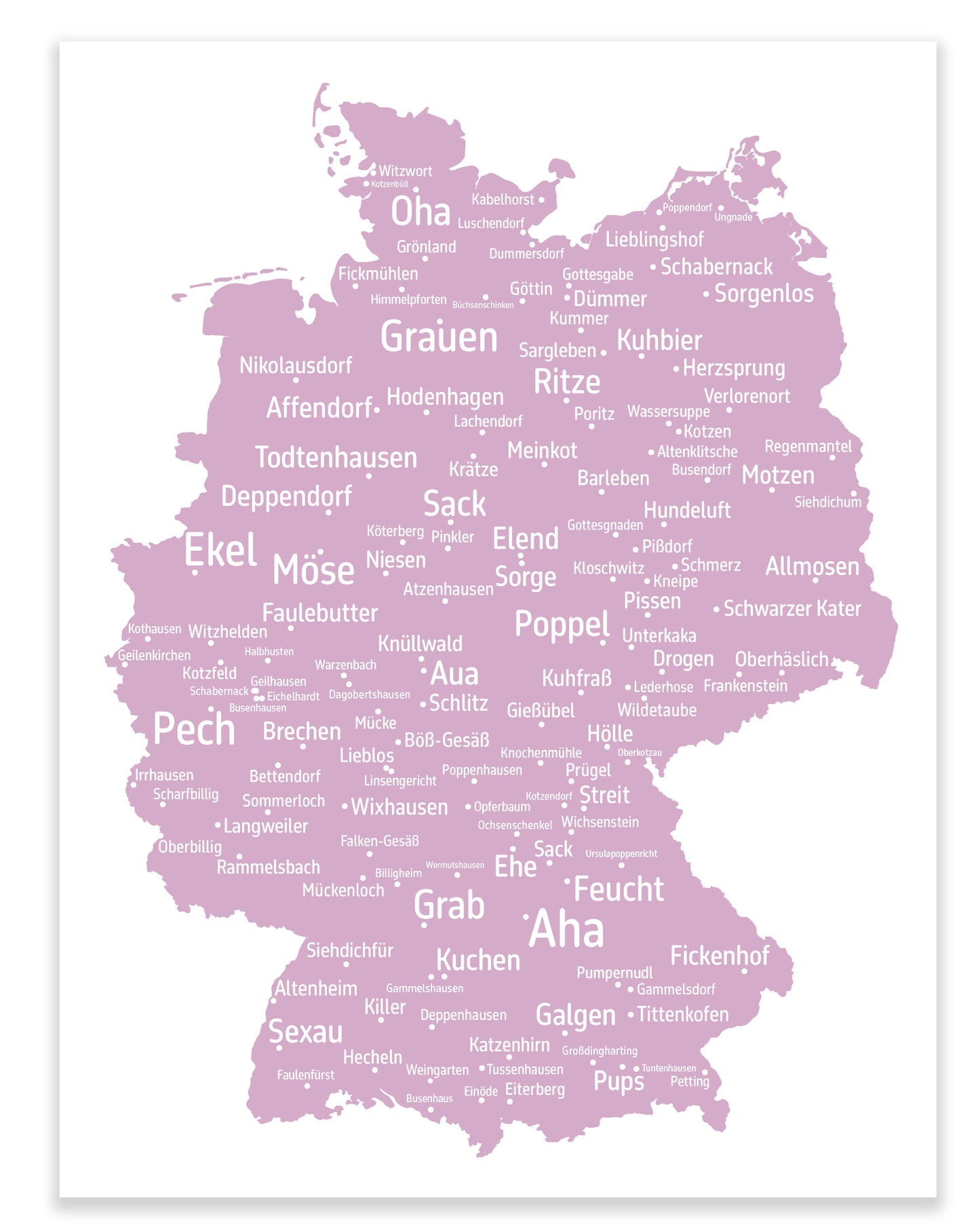 Die lustigsten und skurrilsten Ortsnamen in Deutschland als Poster in verschiedenen Farben und Größen