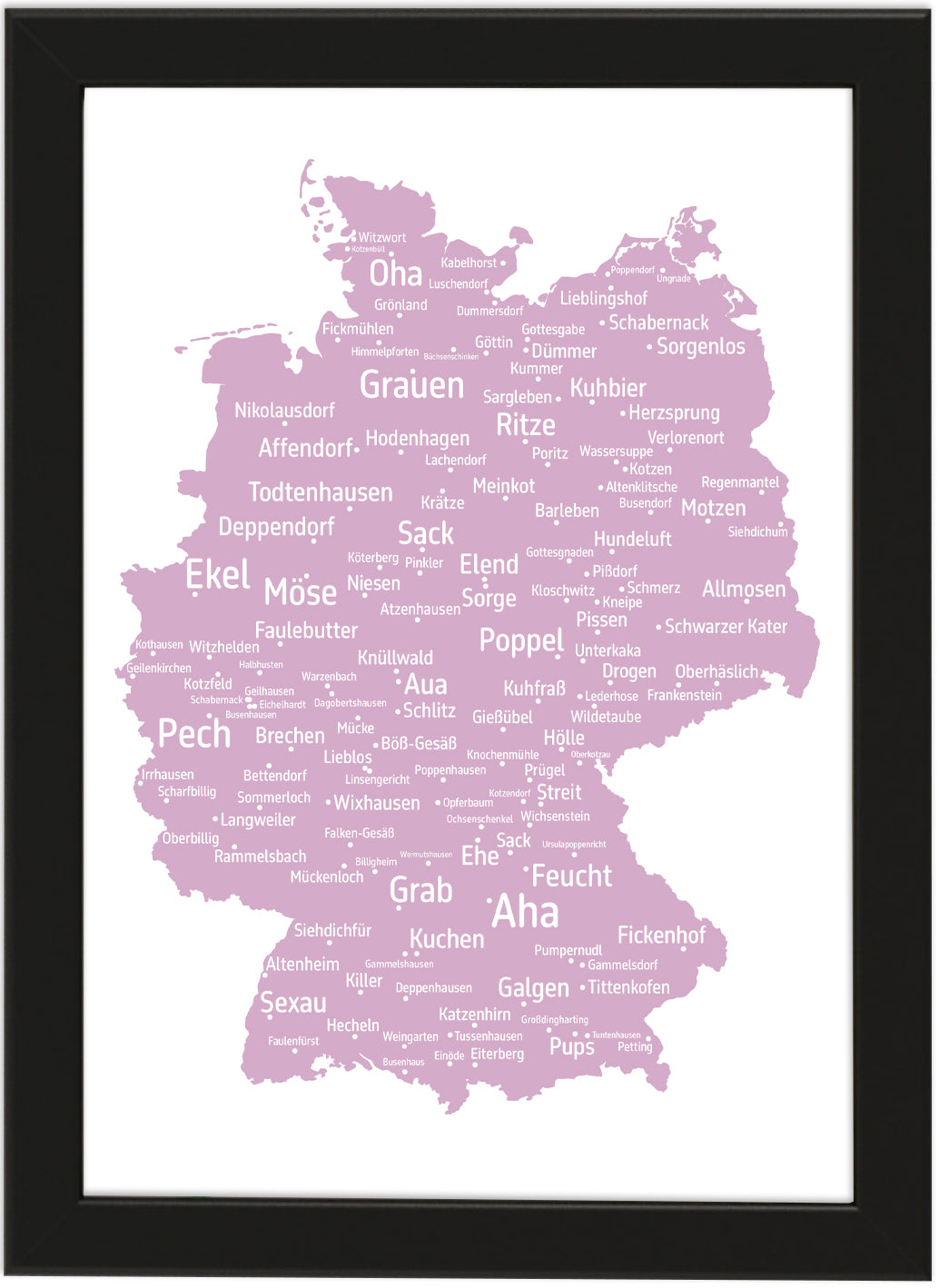 Die lustigsten und skurrilsten Ortsnamen in Deutschland als Poster in verschiedenen Farben und Größen