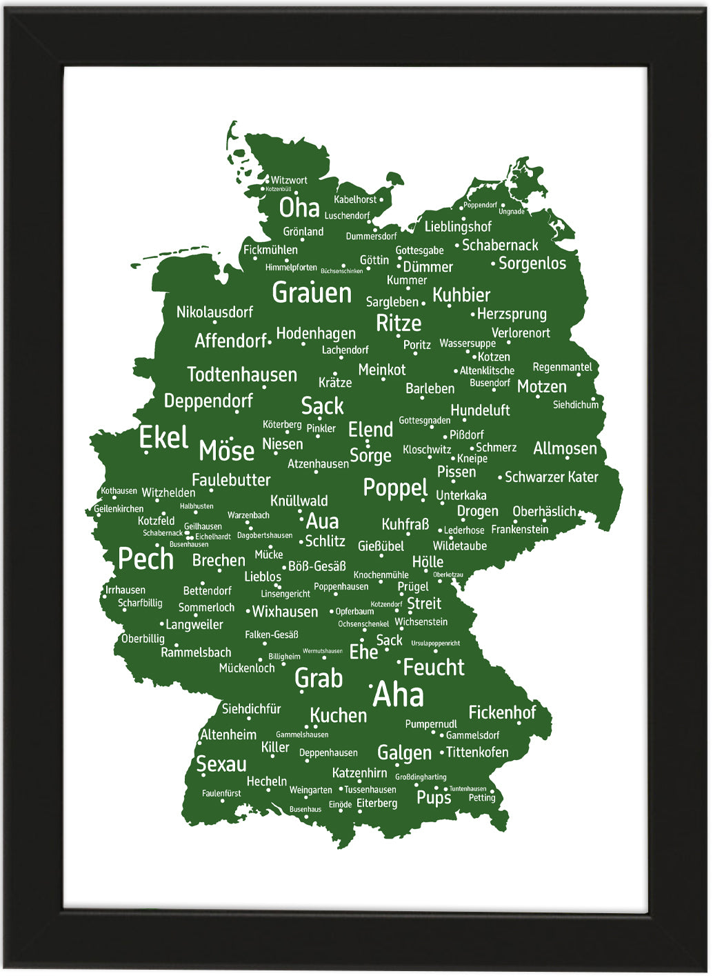 Die lustigsten und skurrilsten Ortsnamen in Deutschland als Poster in verschiedenen Farben und Größen