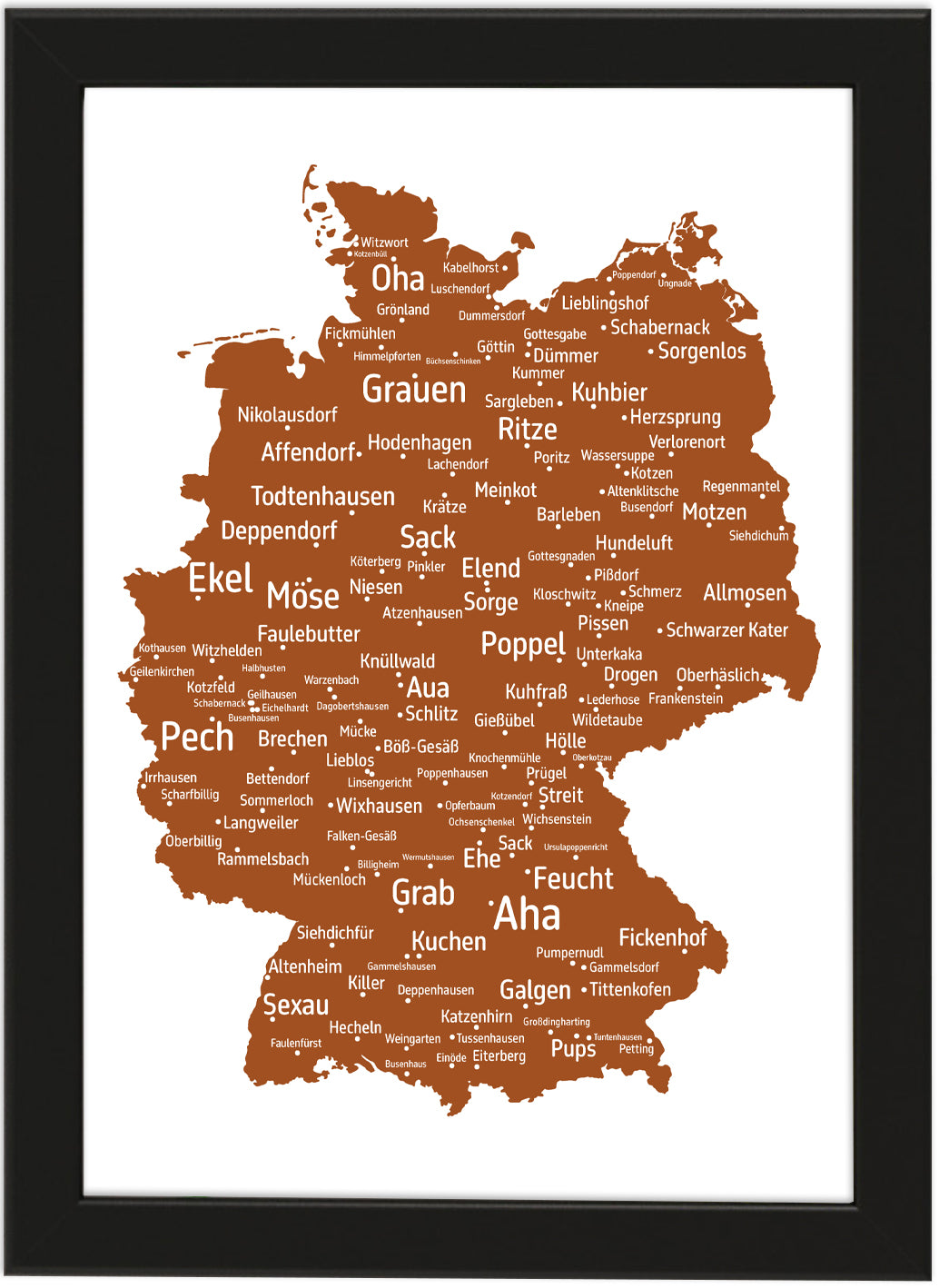 Die lustigsten und skurrilsten Ortsnamen in Deutschland als Poster in verschiedenen Farben und Größen