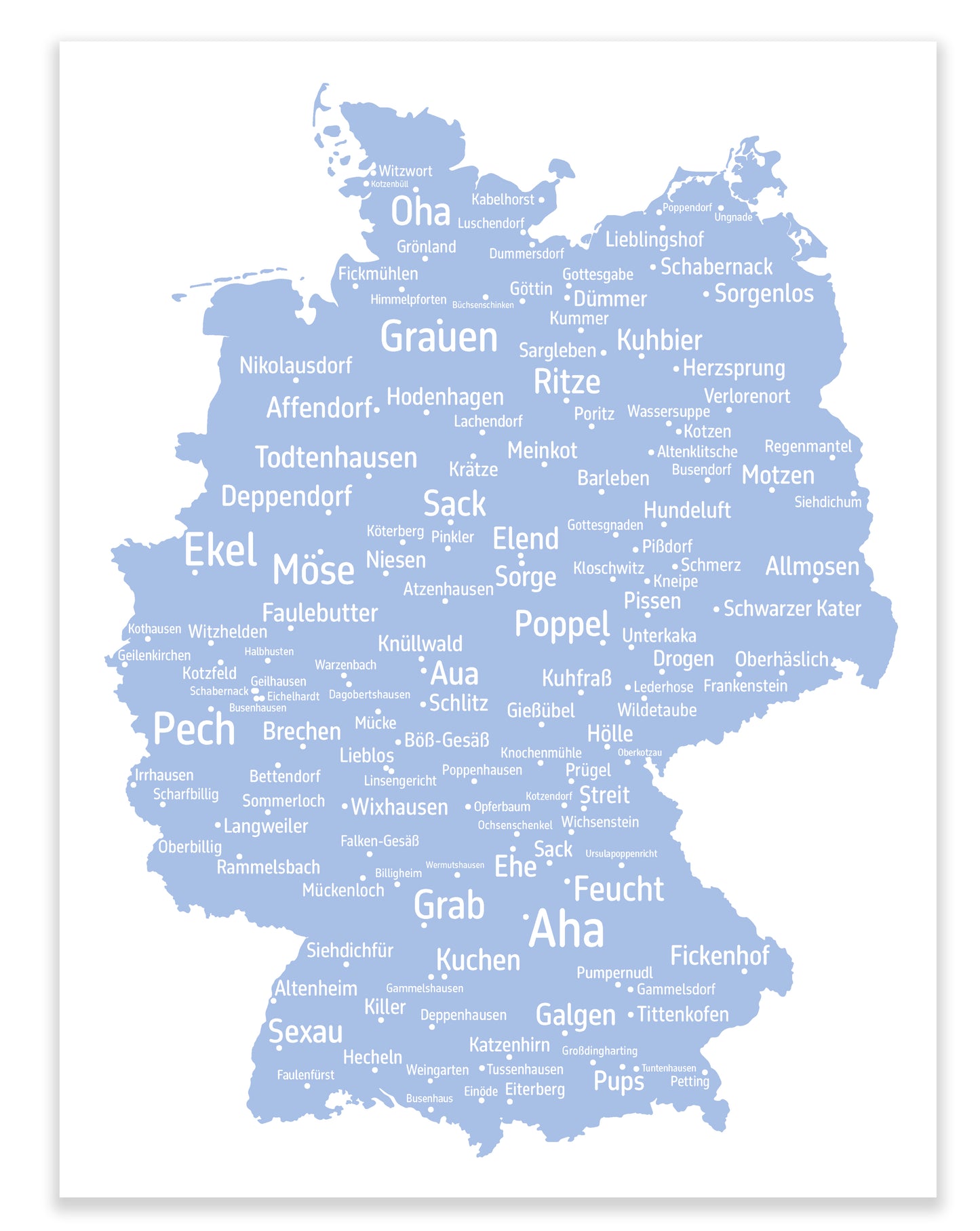 Die lustigsten und skurrilsten Ortsnamen in Deutschland als Poster in verschiedenen Farben und Größen