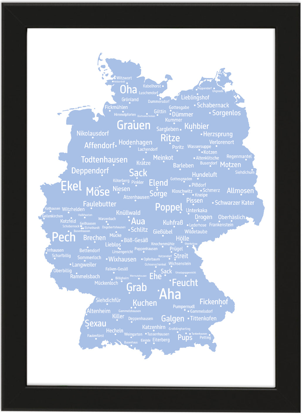 Die lustigsten und skurrilsten Ortsnamen in Deutschland als Poster in verschiedenen Farben und Größen