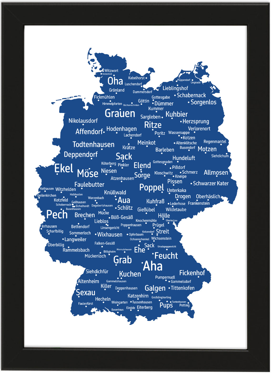 Die lustigsten und skurrilsten Ortsnamen in Deutschland als Poster in verschiedenen Farben und Größen
