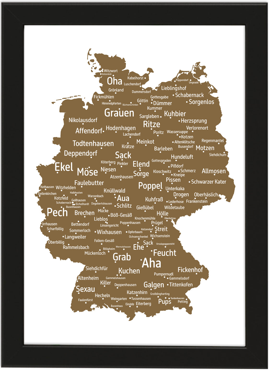 Die lustigsten und skurrilsten Ortsnamen in Deutschland als Poster in verschiedenen Farben und Größen