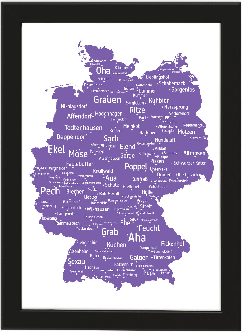 Die lustigsten und skurrilsten Ortsnamen in Deutschland als Poster in verschiedenen Farben und Größen