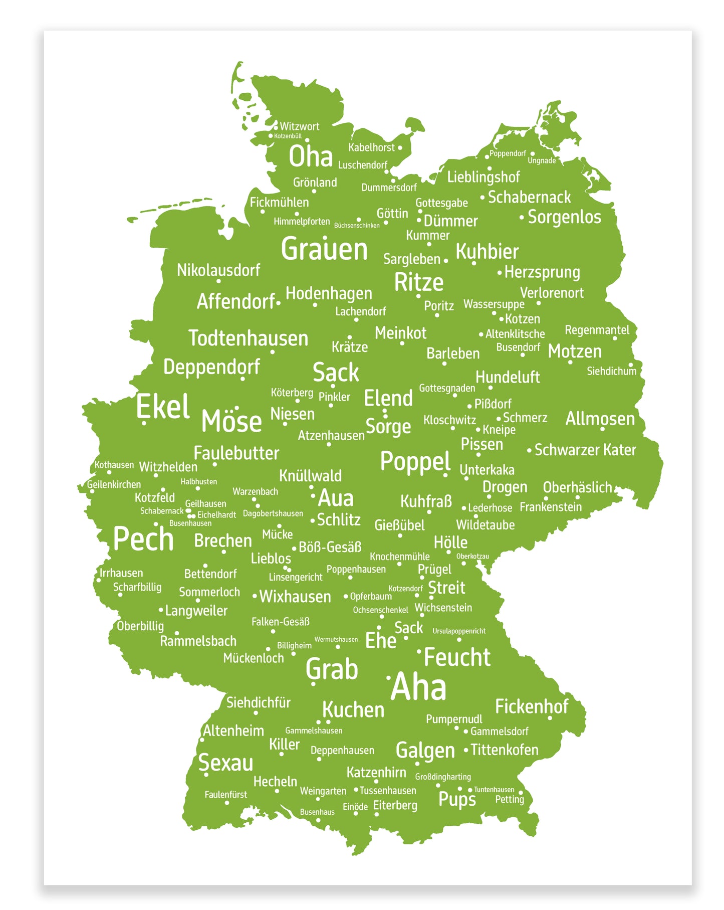 Die lustigsten und skurrilsten Ortsnamen in Deutschland als Poster in verschiedenen Farben und Größen