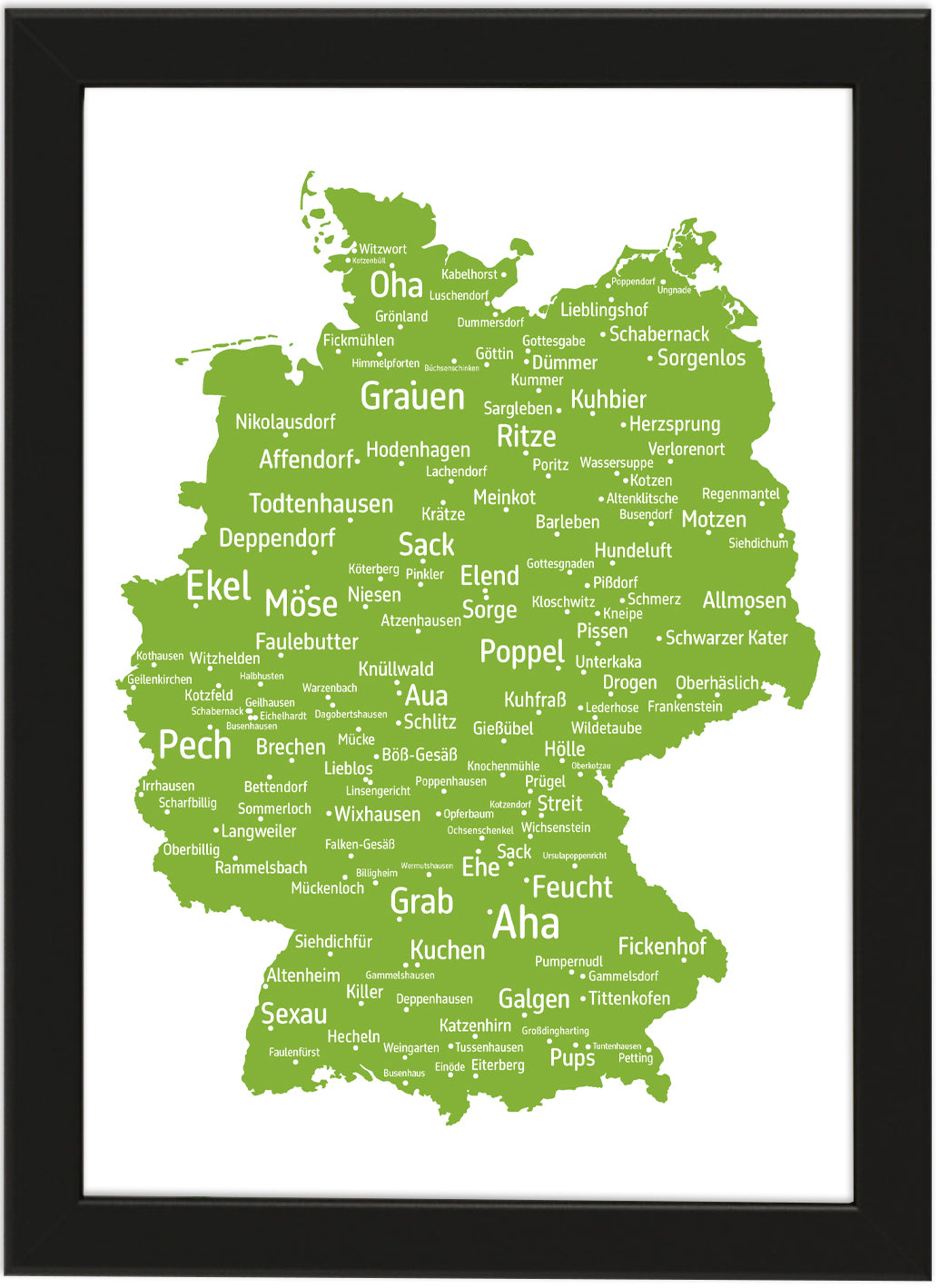 Die lustigsten und skurrilsten Ortsnamen in Deutschland als Poster in verschiedenen Farben und Größen