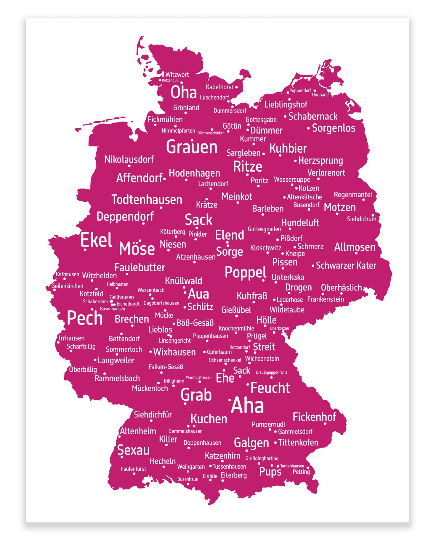 Die lustigsten und skurrilsten Ortsnamen in Deutschland als Poster in verschiedenen Farben und Größen
