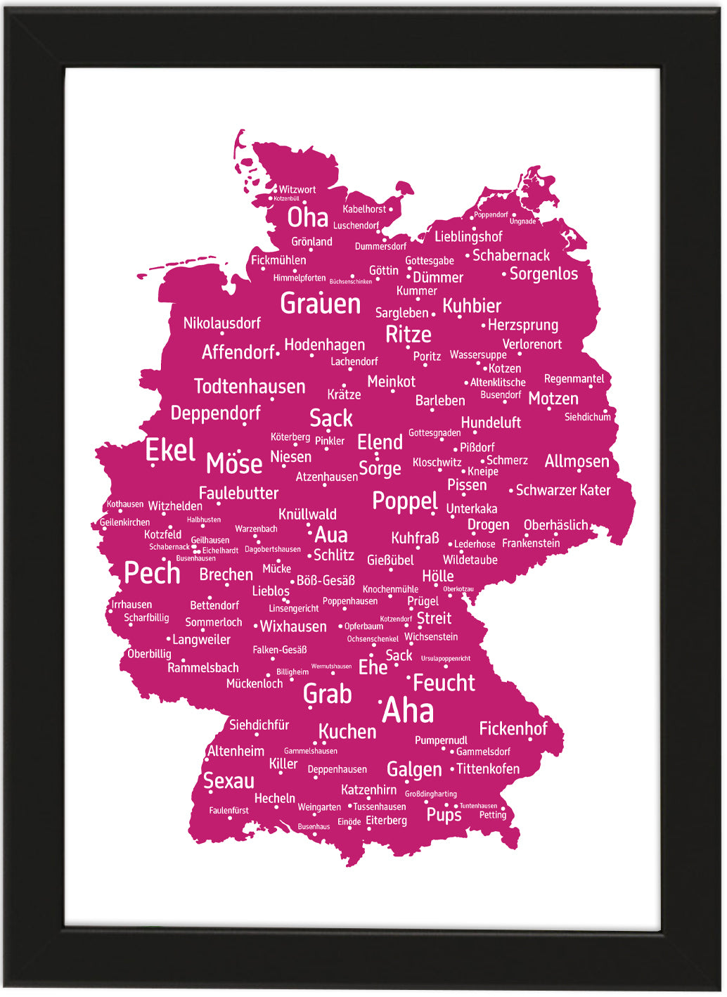 Die lustigsten und skurrilsten Ortsnamen in Deutschland als Poster in verschiedenen Farben und Größen