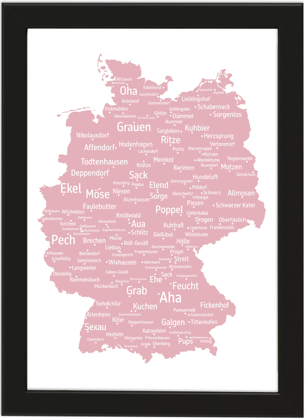 Die lustigsten und skurrilsten Ortsnamen in Deutschland als Poster in verschiedenen Farben und Größen