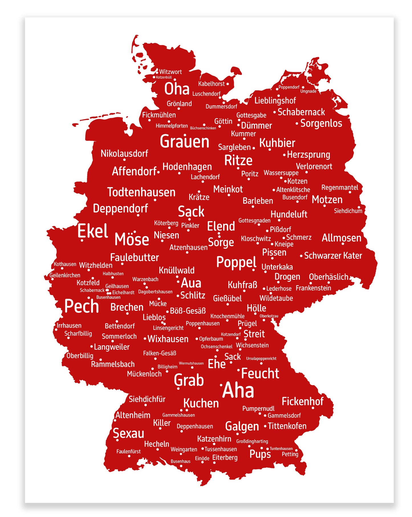 Die lustigsten und skurrilsten Ortsnamen in Deutschland als Poster in verschiedenen Farben und Größen
