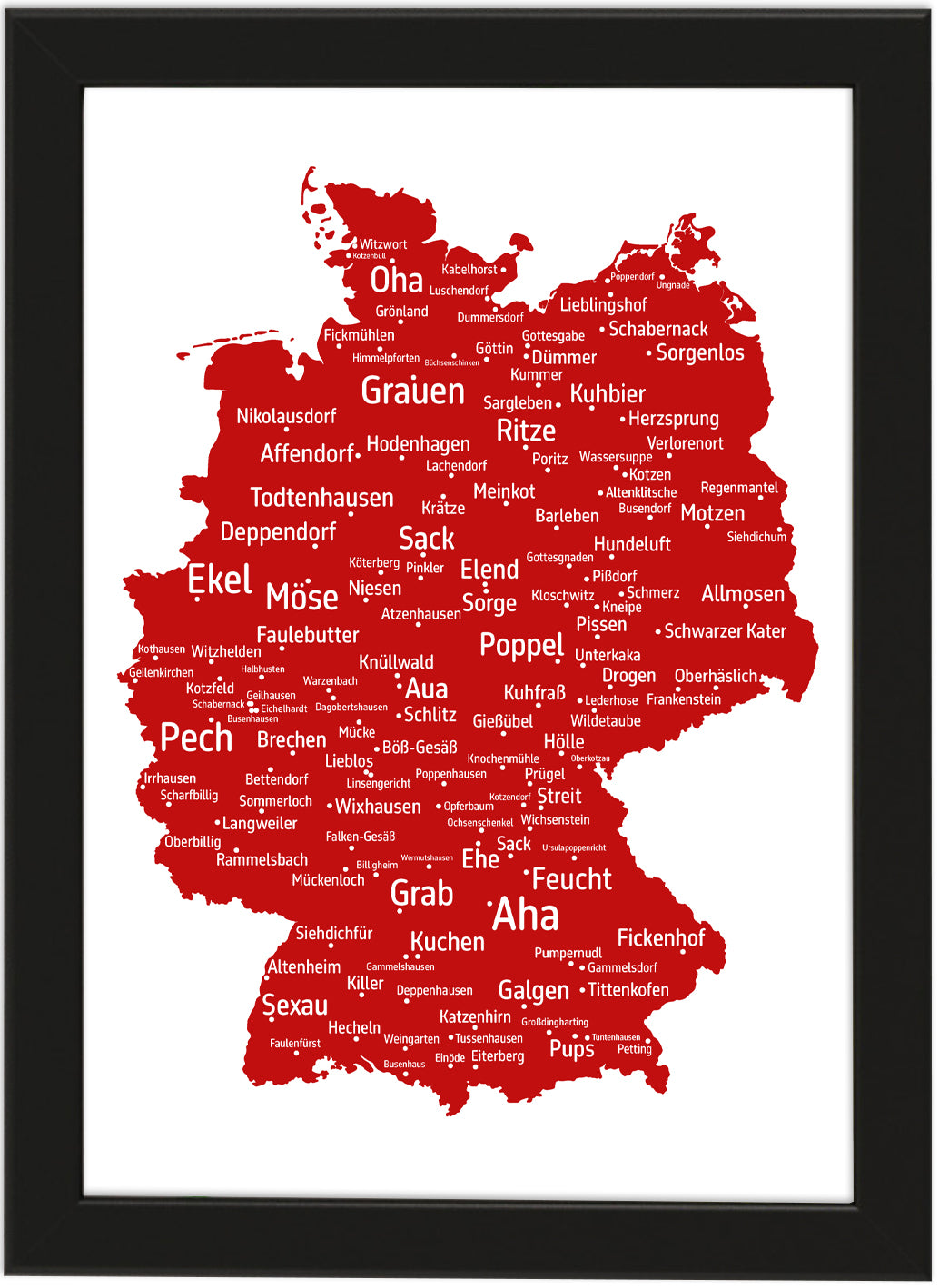 Die lustigsten und skurrilsten Ortsnamen in Deutschland als Poster in verschiedenen Farben und Größen