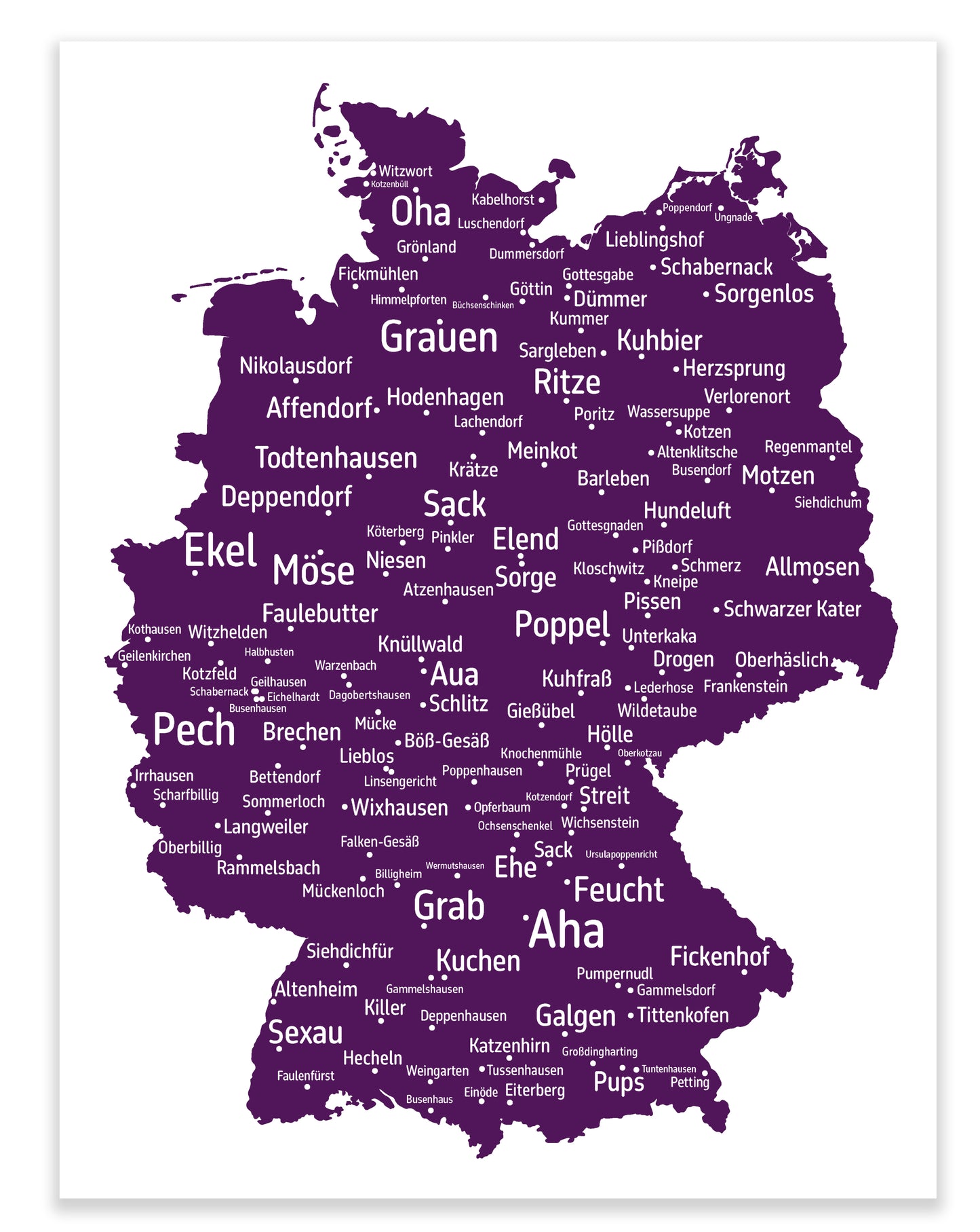 Die lustigsten und skurrilsten Ortsnamen in Deutschland als Poster in verschiedenen Farben und Größen