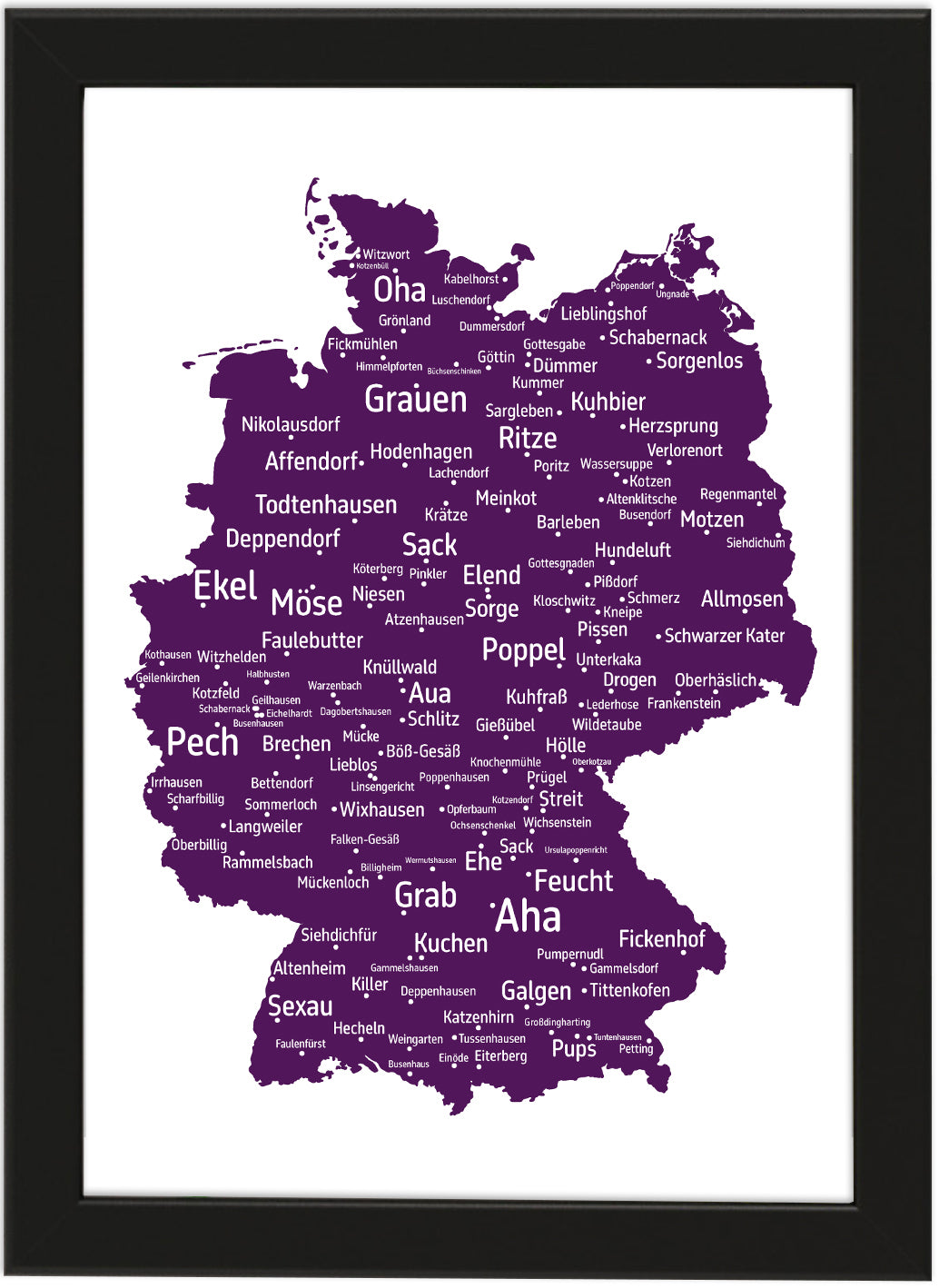 Die lustigsten und skurrilsten Ortsnamen in Deutschland als Poster in verschiedenen Farben und Größen