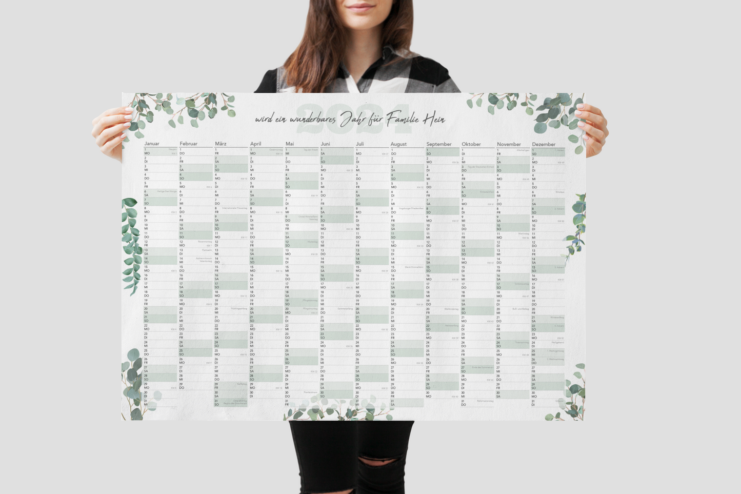 Jahreskalender 2024 Wandkalender personalisiert DIN A2 oder DIN A1, Wandplaner, Jahresplaner mit Textfeld zum personalisieren