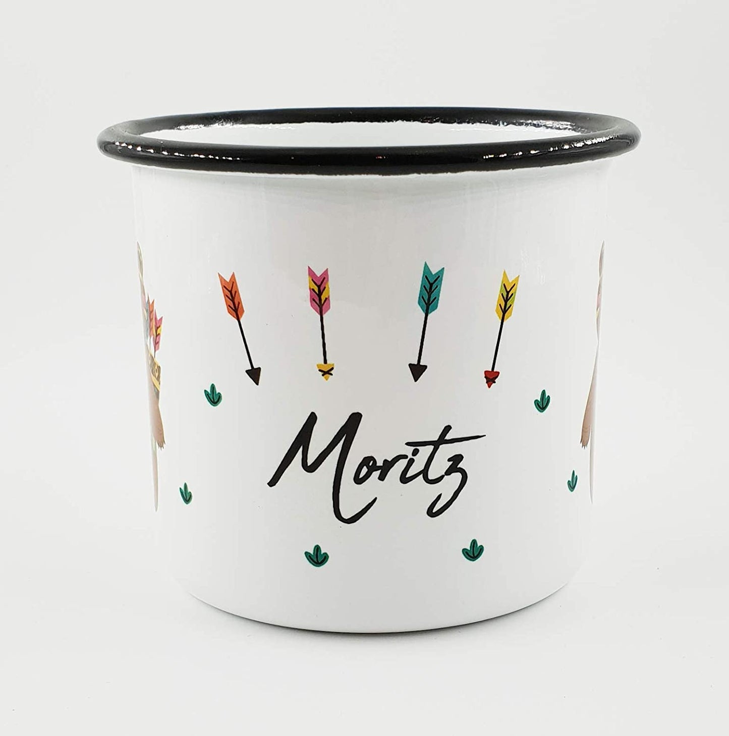 PICSonPAPER Personalisierbare Emaille-Tasse mit süßer Bären-Indianer-Illustration, Geschenk, Edelstahl-Becher, Metall-Tasse