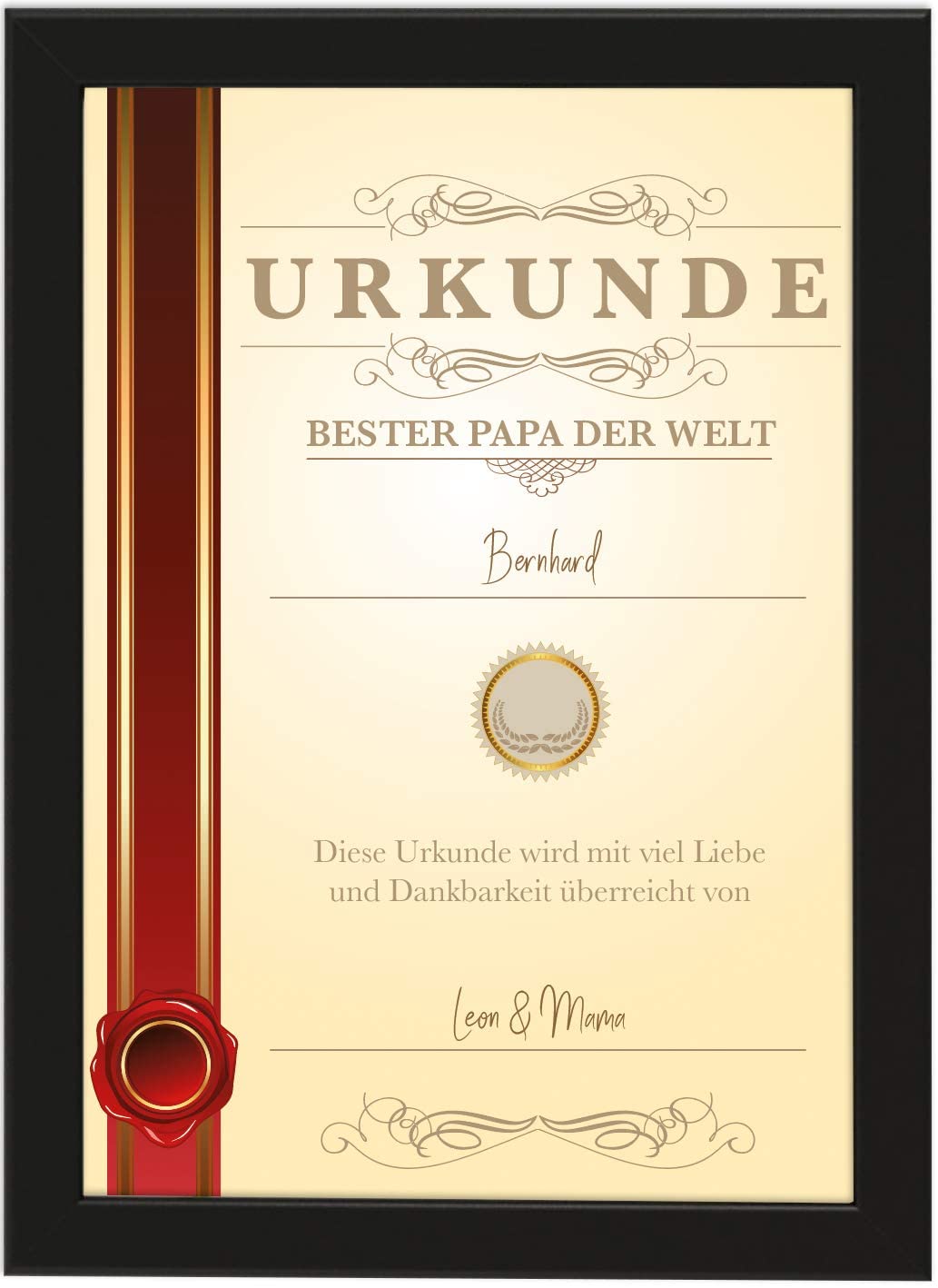 PICSonPAPER Personalisiertes Vatertagsgeschenk Poster DIN A4 Urkunde Bester Papa der Welt, gerahmt mit schwarzem Bilderrahmen, Vatertagsgeschenk, Vatertag, Personalisierbare Poster