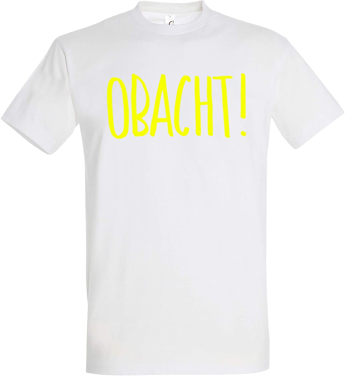 Schwarzes T-Shirt mit gelber Neonschrift Obacht! Bedruckt, Funshirt, Männershirt, Obacht-Shirt