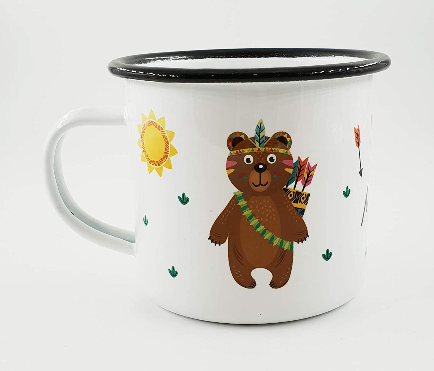 PICSonPAPER Personalisierbare Emaille-Tasse mit süßer Bären-Indianer-Illustration, Geschenk, Edelstahl-Becher, Metall-Tasse