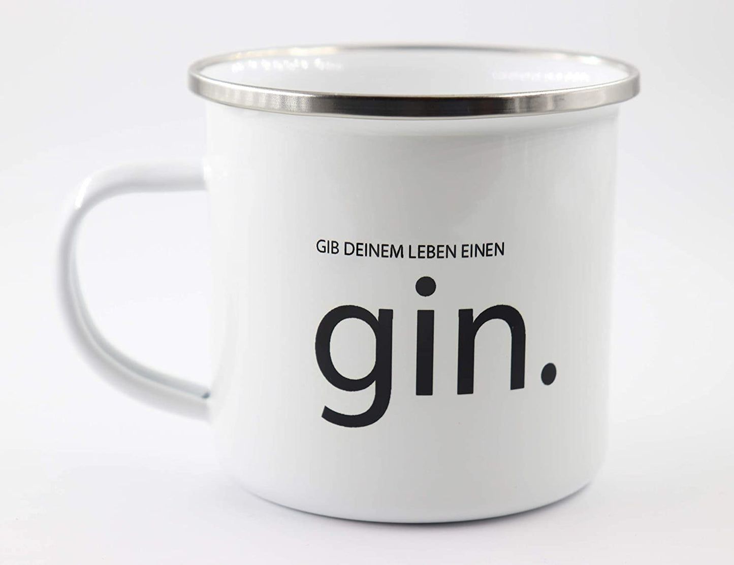 PICSonPAPER Emaille Tasse mit Schriftzug Gib Deinem Leben einen Gin, Geschenk, Edelstahl-Becher, Metall-Tasse, Campingbecher, Kaffeetasse