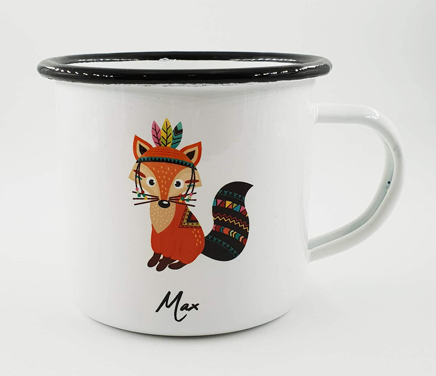 PICSonPAPER Personalisierbare Emaille-Tasse mit süßer Indianer-Fuchs-Illustration, Fuchs Tasse mit Namen, Geschenk, Edelstahl-Becher, Metall-Tasse (Fuchs)