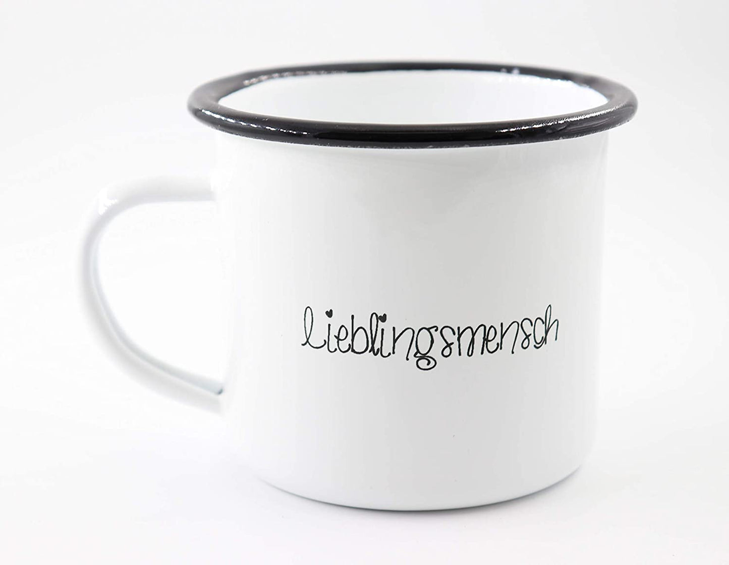 PICSonPAPER Emaille Tasse mit Schriftzug Lieblingsmensch, Geschenk, Edelstahl-Becher, Metall-Tasse, Campingbecher, Kaffeetasse