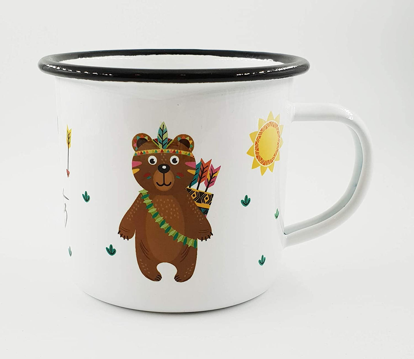 PICSonPAPER Personalisierbare Emaille-Tasse mit süßer Bären-Indianer-Illustration, Geschenk, Edelstahl-Becher, Metall-Tasse