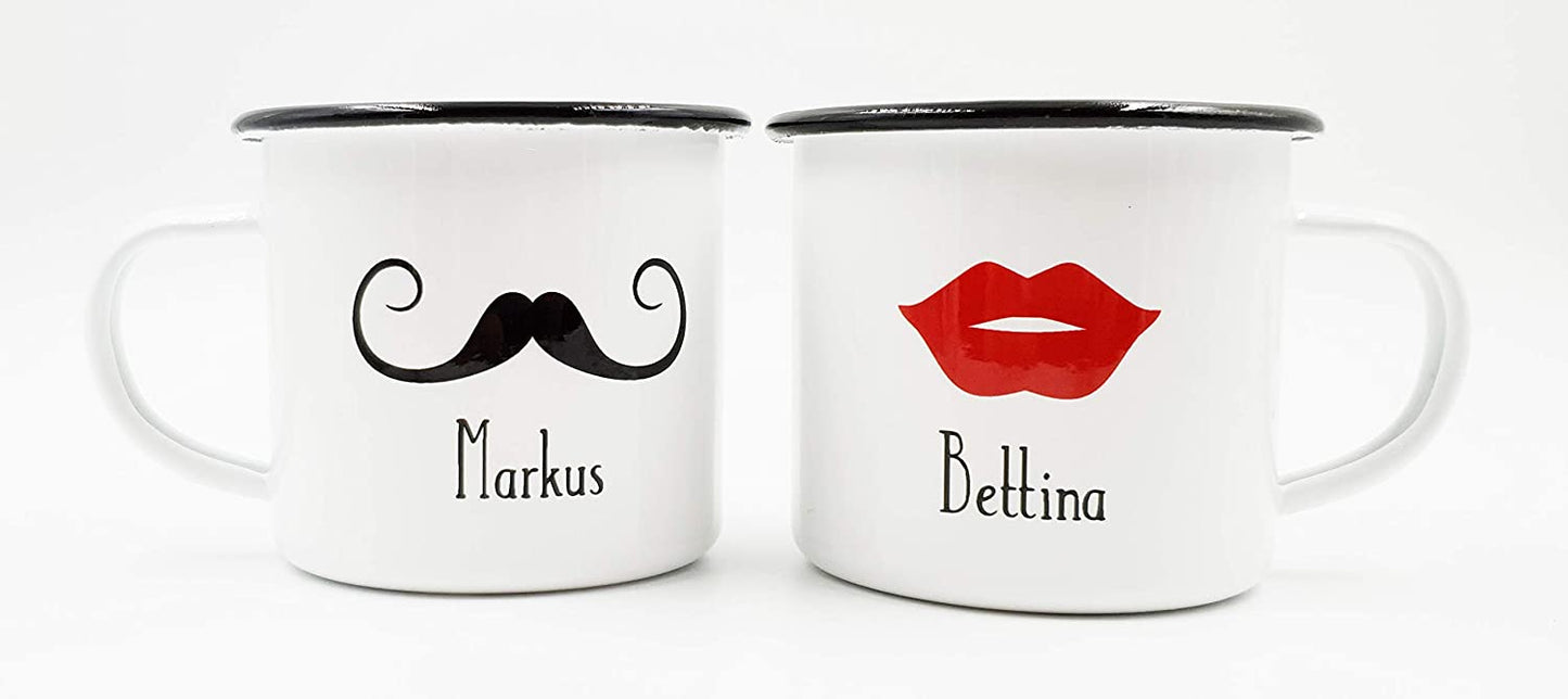 PICSonPAPER Personalisierbares Emaille Tassen Set Mr & Mrs bestehend aus Zwei Tassen, Valentinstag, Edelstahl-Becher, Metall-Tasse