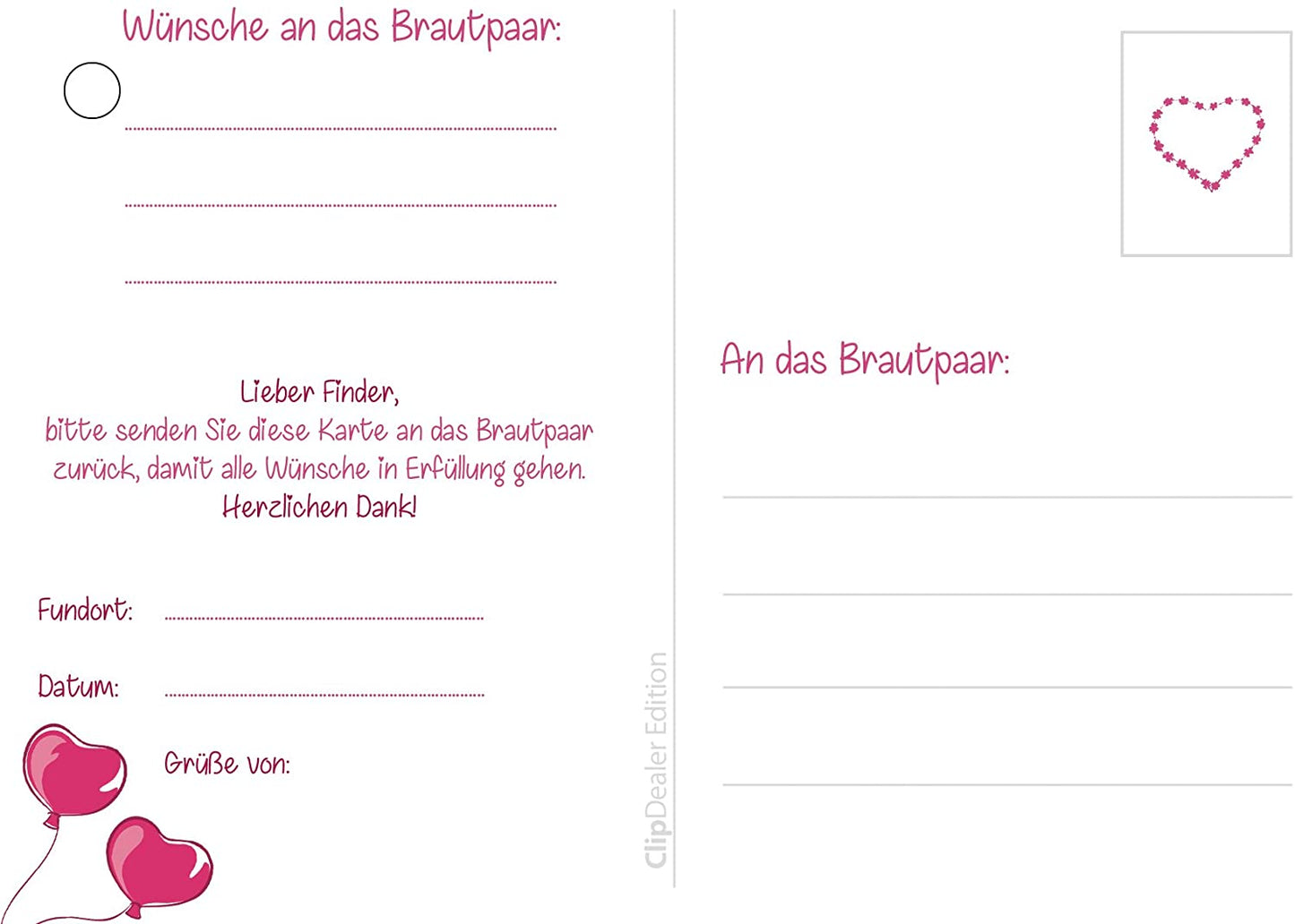 50 Ballonflugkarten für die Hochzeit FRISCH VERHEIRATET, extra leichte Ballonkarten, Ballon-weitflugkarten, wetterfest, bereits gelocht, Postkarten Hochzeit