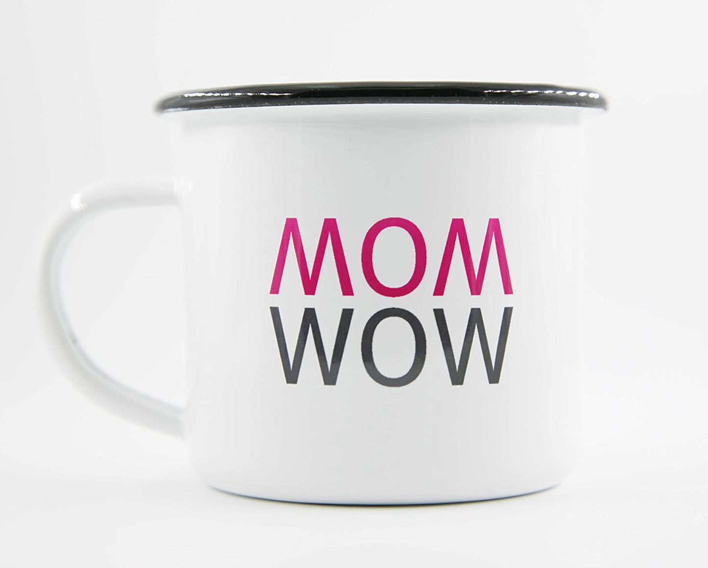 PICSonPAPER Emaille Tasse mit Spruch MOM - Wow, Geschenk, Edelstahl-Becher, Metall-Tasse, Muttertagsgeschenk