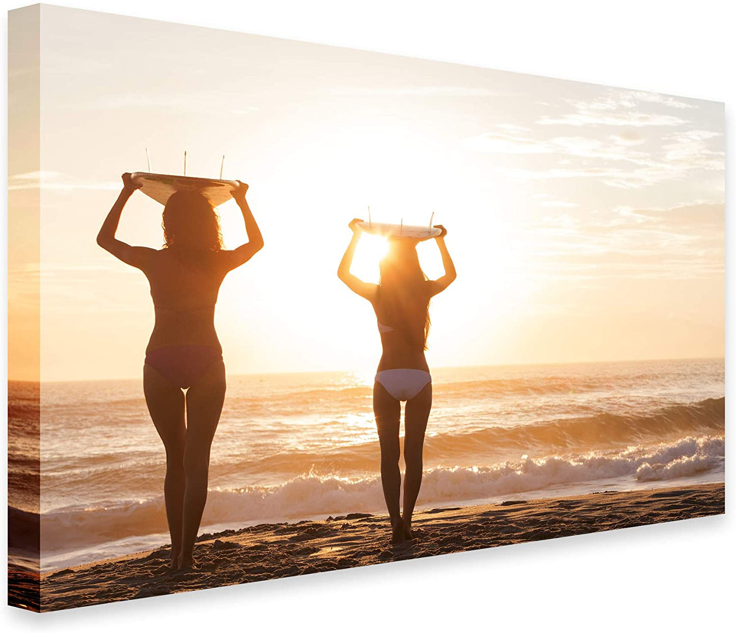 PICSonPAPER Leinwandbild Surfgirls im Sonnenuntergang, 70 cm x 50 cm, Dekoration, Kunstdruck, Wandbild, Leinwand Welle, Meer, Surfer, Surboards, Surfbretter, Sommer, Wellenreiten