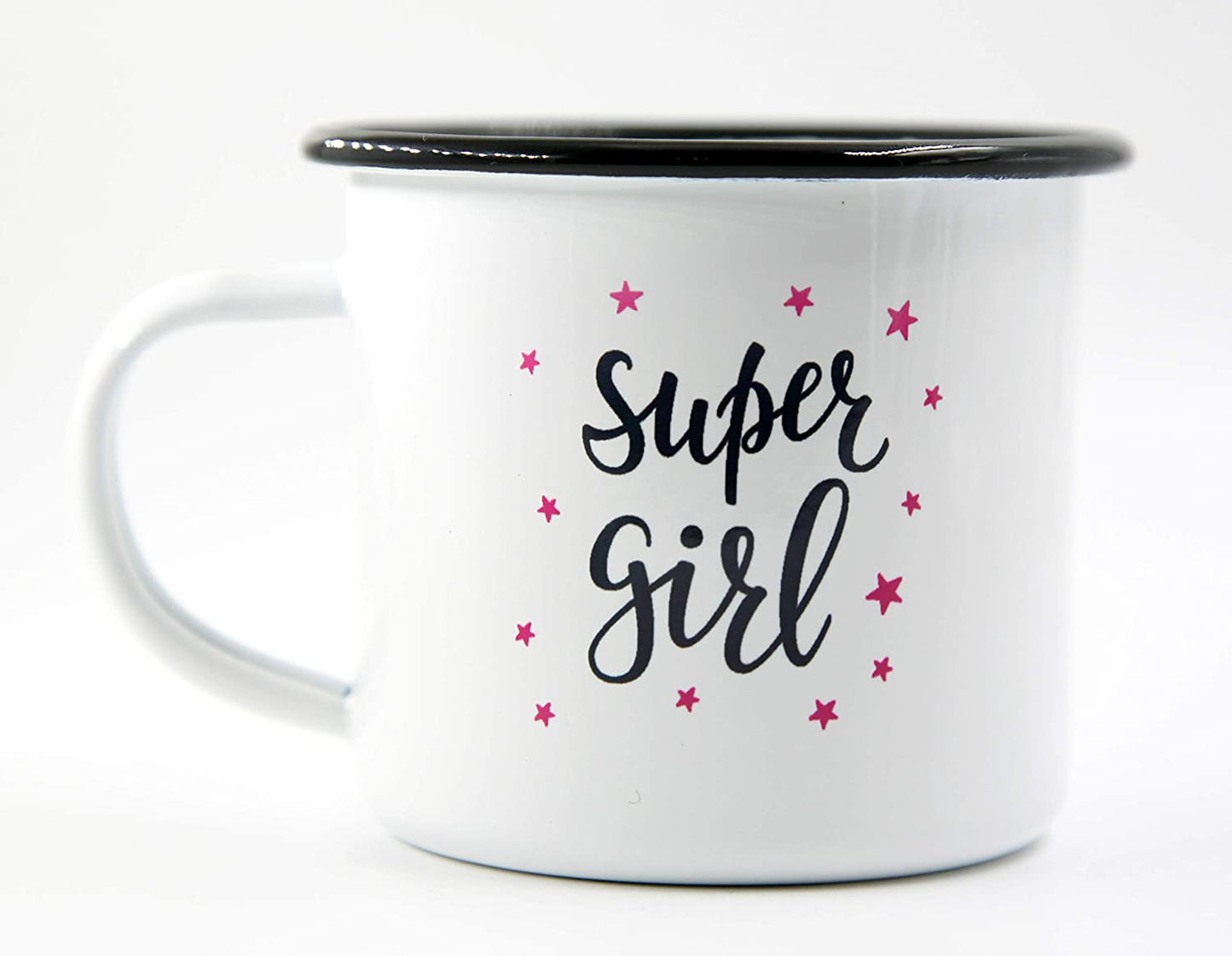 PICSonPAPER Emaille Tasse Spruch Super Girl, Geschenk, Edelstahl-Becher, Metall-Tasse, Campingbecher, Kaffeetasse