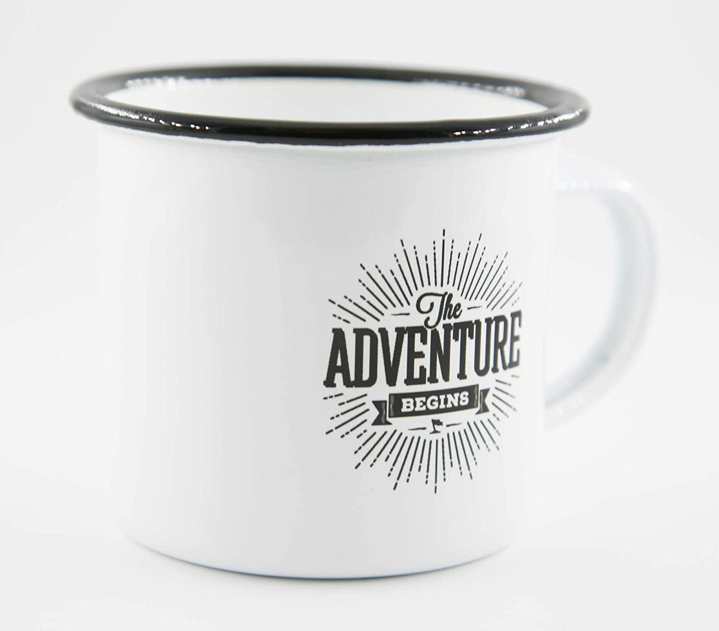 PICSonPAPER Emaille Tasse mit Spruch The Adventure Begins, Geschenk, Edelstahl-Becher, Metall-Tasse, Campingbecher, Kaffeetasse (Motiv 2)