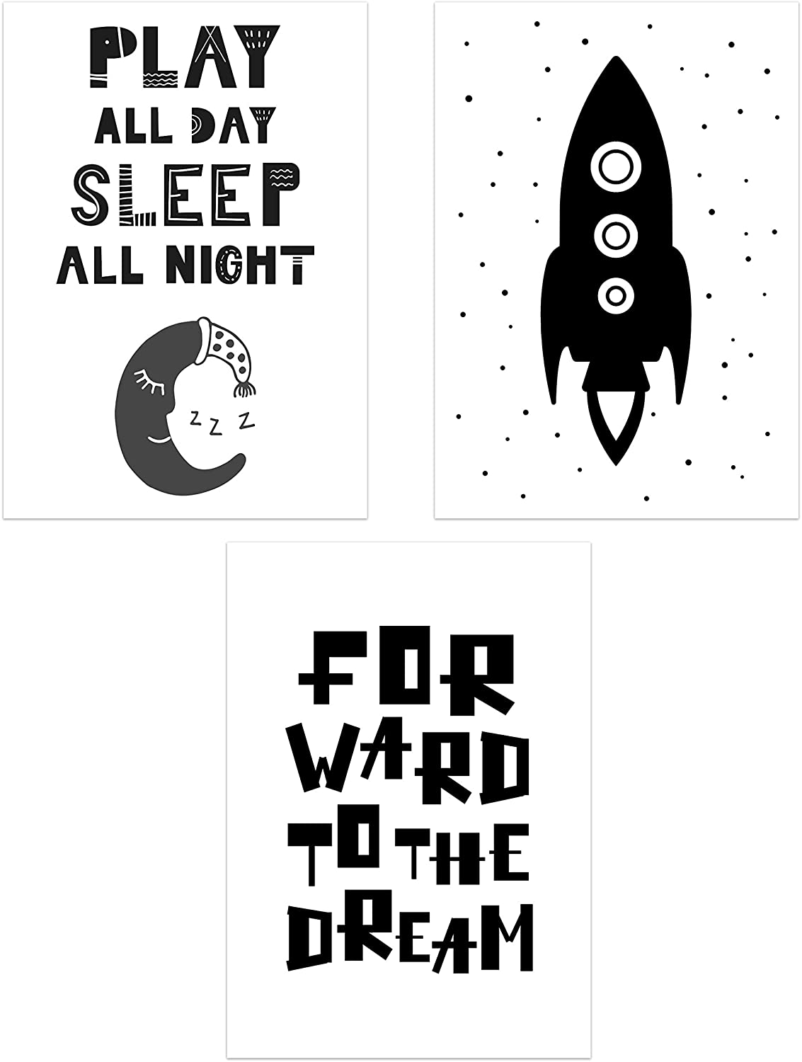 PICSonPAPER Kinderposter 3er-Set Rakete schwarz Weiss, ungerahmt DIN A4, Play All Day, Sleep All Night, Forward to The Dream, Rocket, modern