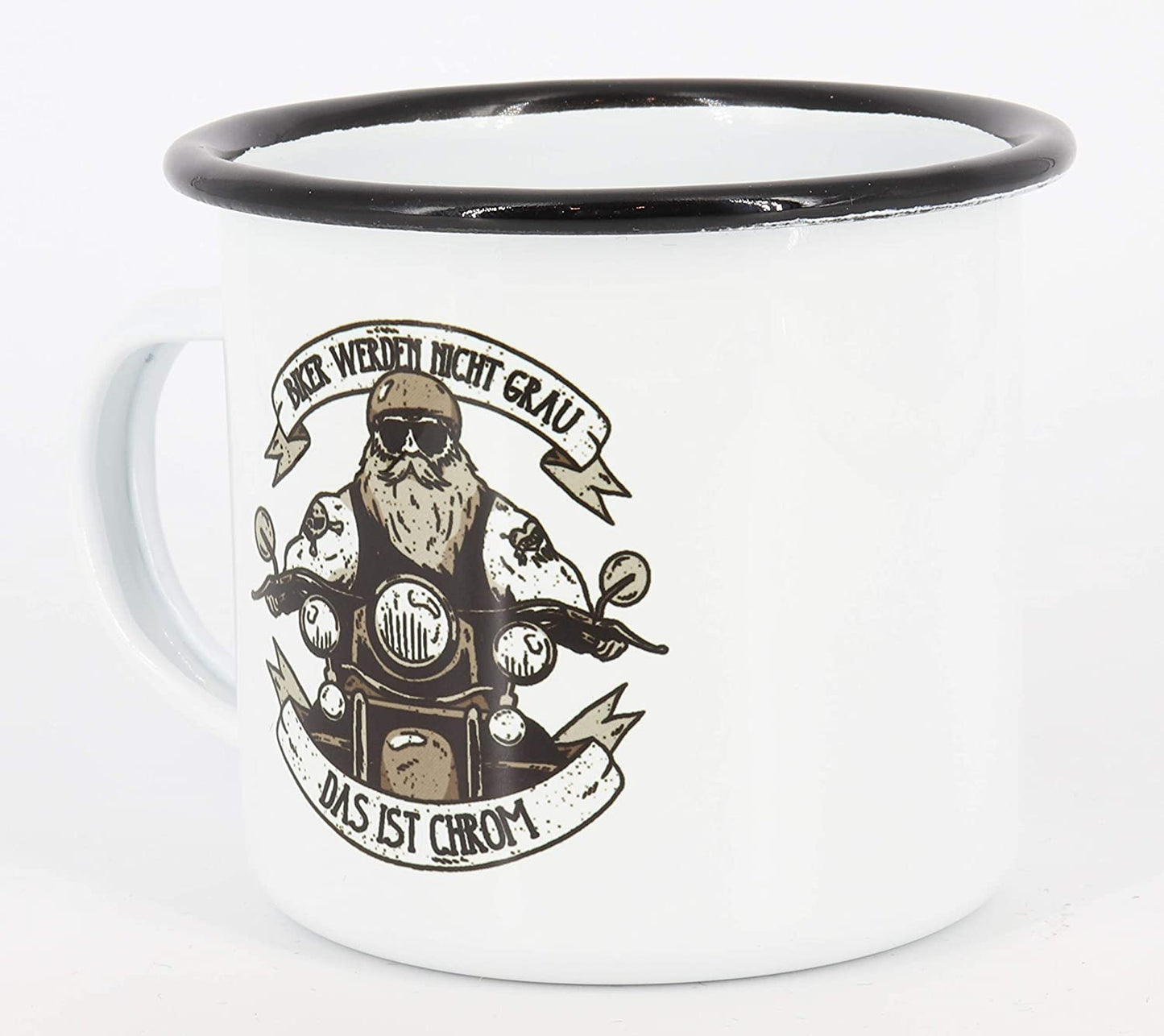Emaille Tasse Spruch"Biker werden nicht graus, das ist Chrom", Geschenk, Edelstahl-Becher, Metall-Tasse, Campingbecher, Kaffeetasse, Biker