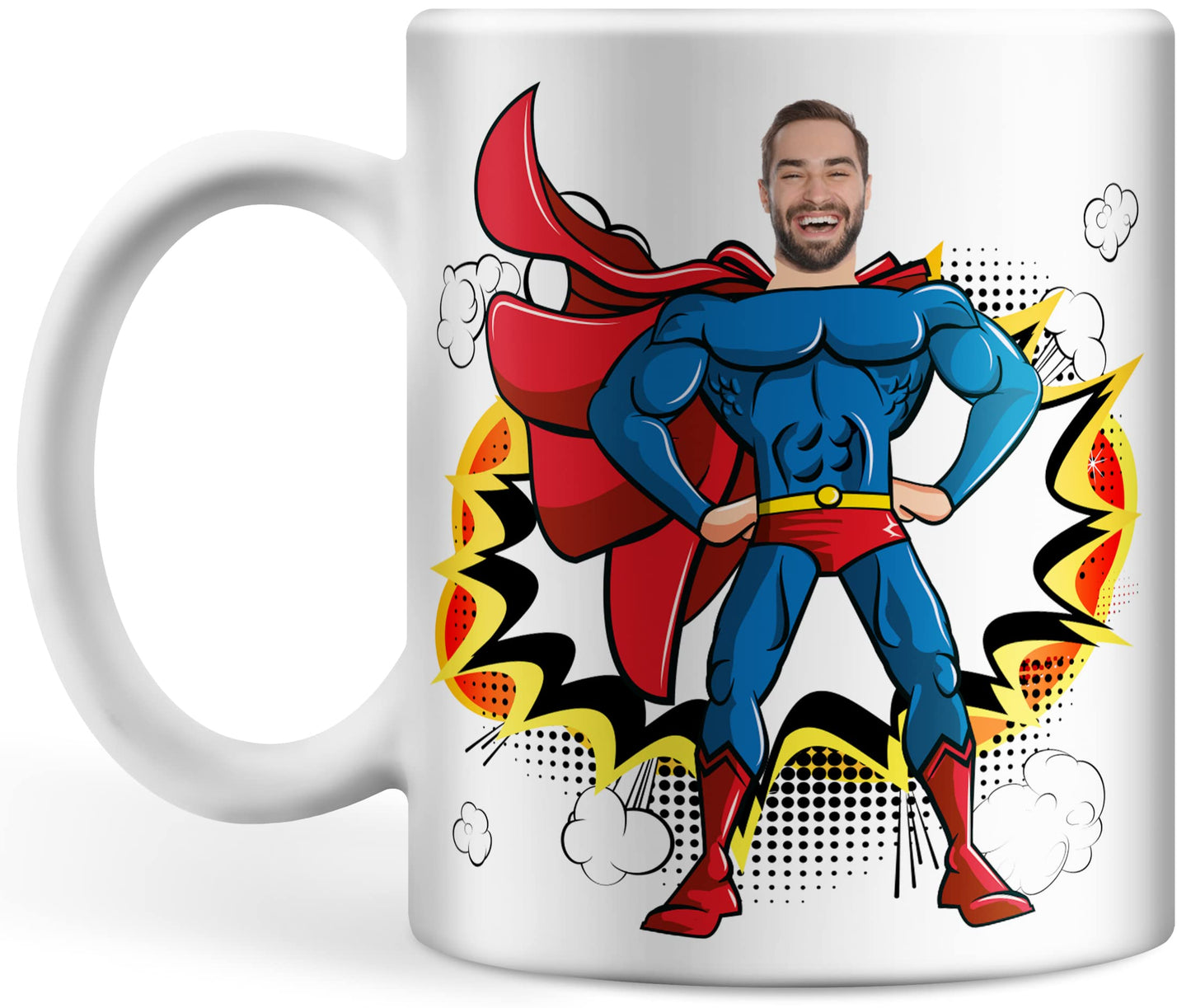 Tasse personalisiert mit Foto und Text, Superhelden Tasse mit Ihrem Wunsch-Gesicht und dreizeiligem Wunschtext