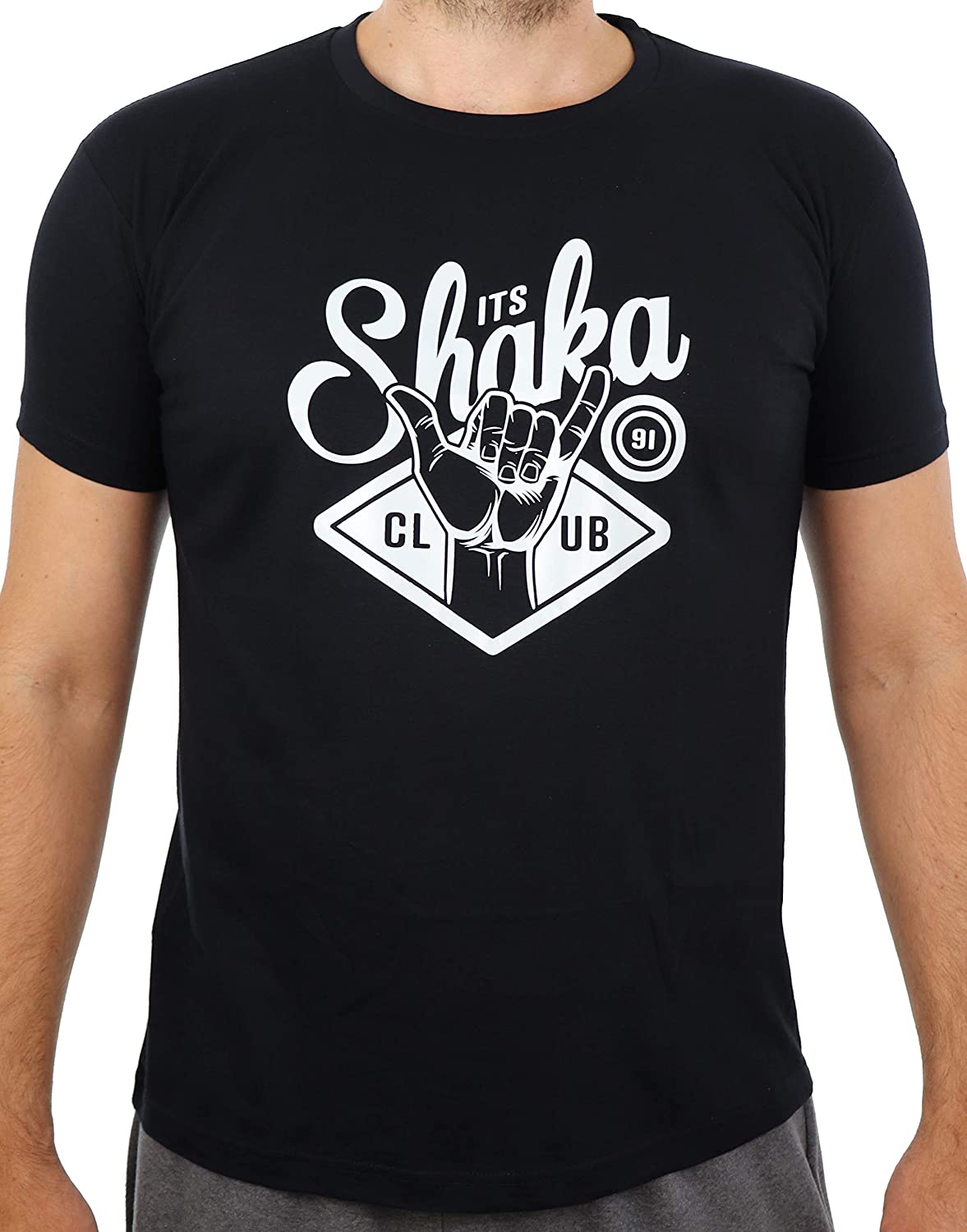 Surf-T-Shirt, Schwarzes T-Shirt mit weissem Aufdruck It's Shaka Club, Surfgrafik, Surfer (Shaka Club