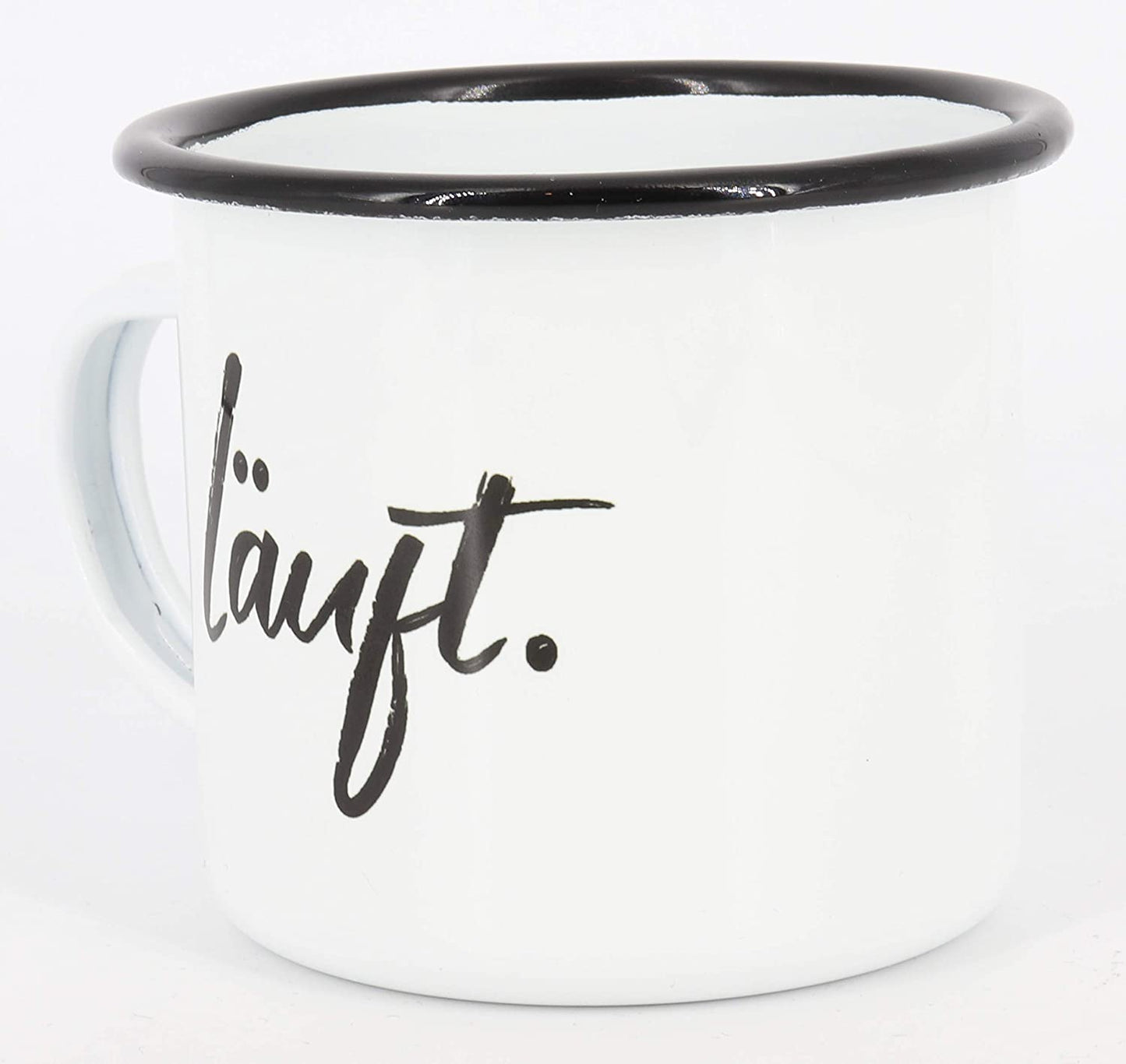 Emaille Tasse Spruch"Läuft", Geschenk, Edelstahl-Becher, Metall-Tasse, Campingbecher, Kaffeetasse