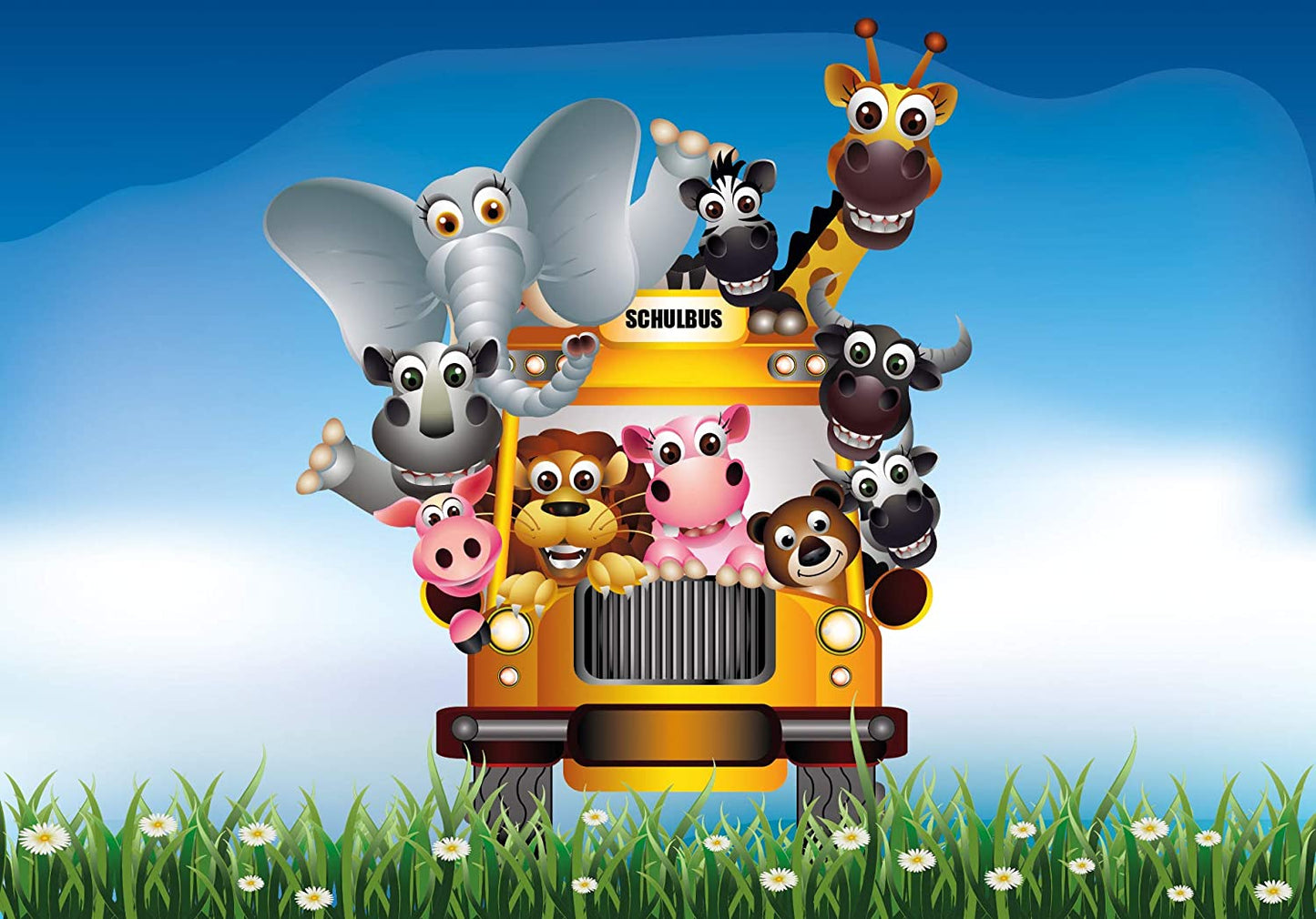 Hochwertiges Kinderposter Tierischer Schulbus, 100 cm breit x 70 cm hoch, Dekoration, Kunstdruck, Wandbild, Fineartprint, Wandposter Poster für Kinderzimmer, Poster für Kinder, Kinderposter (Schulbus)