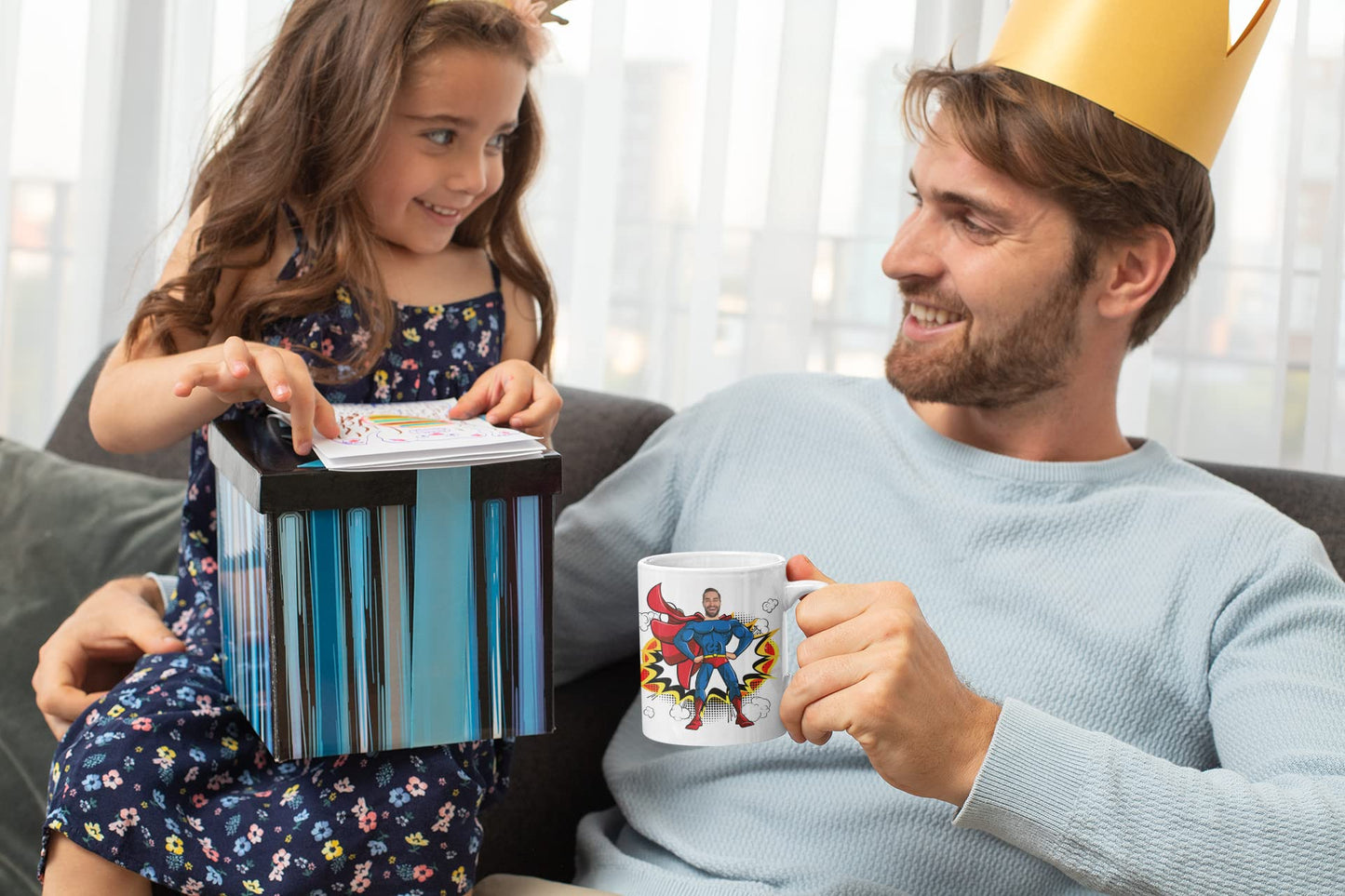 Tasse personalisiert mit Foto und Text, Superhelden Tasse mit Ihrem Wunsch-Gesicht und dreizeiligem Wunschtext