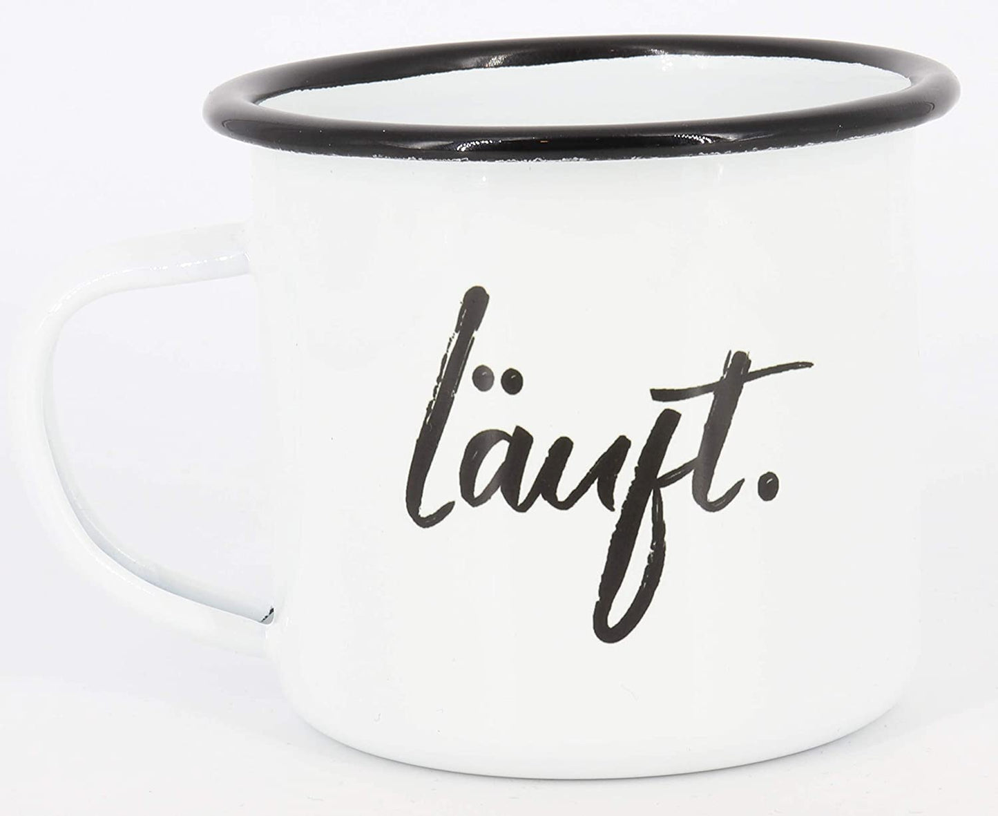 Emaille Tasse Spruch"Läuft", Geschenk, Edelstahl-Becher, Metall-Tasse, Campingbecher, Kaffeetasse