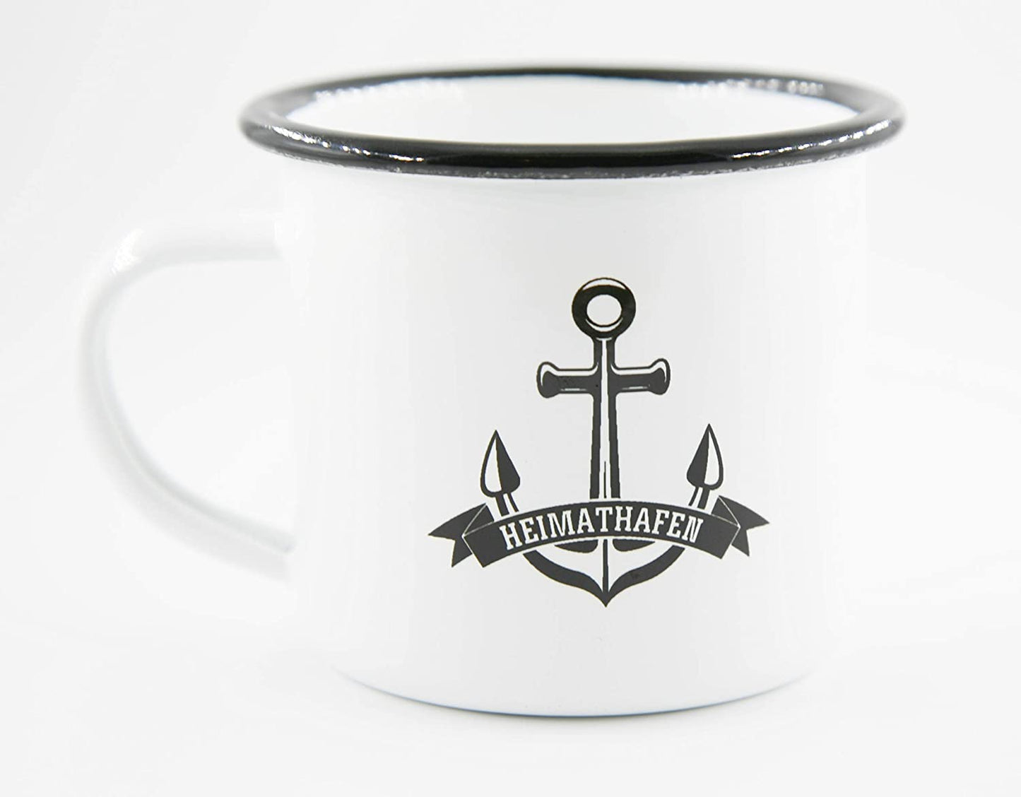 PICSonPAPER Emaille Tasse mit Anker und Schriftzug Heimathafen, Geschenk, Edelstahl-Becher, Metall-Tasse, Campingbecher, Kaffeetasse