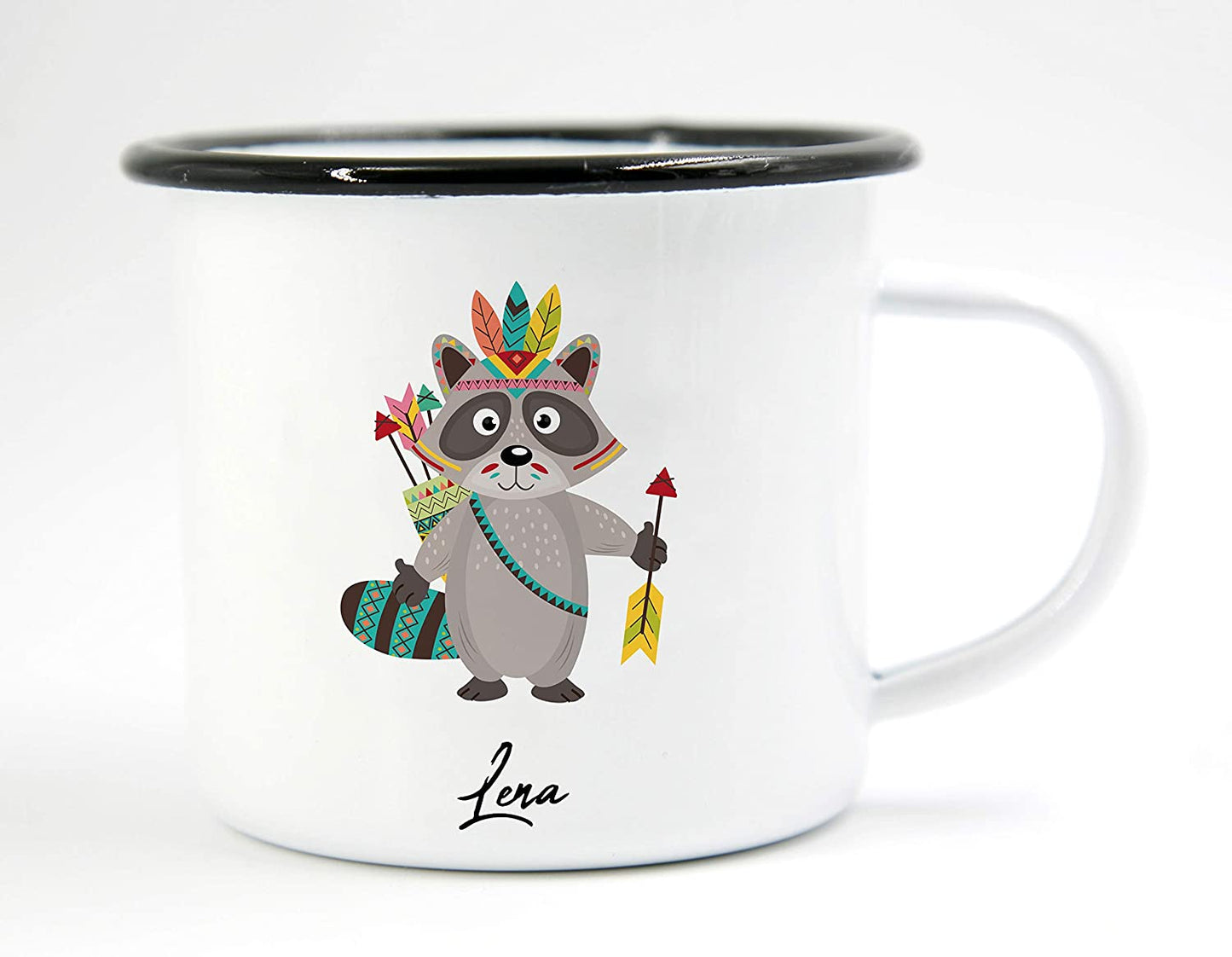 PICSonPAPER Personalisierbare Emaille-Tasse mit süßer Indianer-Waschbär-Illustration, Geschenk, Edelstahl-Becher, Metall-Tasse (Waschbär)