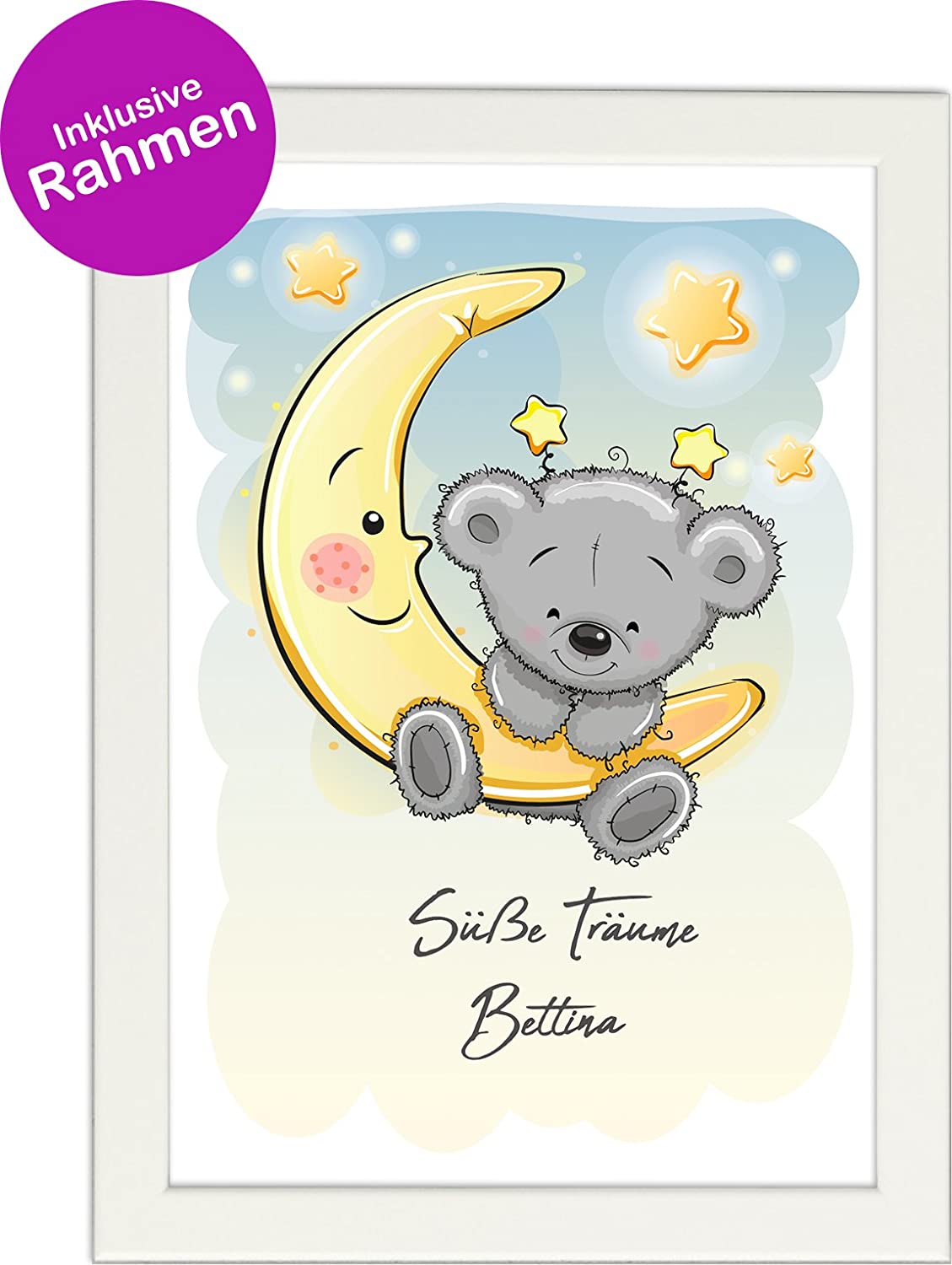 PICSonPAPER Personalisiertes Kinderposter DIN A4 Süße Träume, gerahmt mit weissem Bilderrahmen, personalisiertes Geschenk Baby, Kinderposter, Babyposter, Namensbild, Personalisierbare Poster