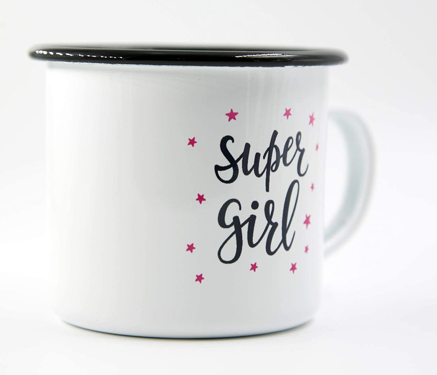 PICSonPAPER Emaille Tasse Spruch Super Girl, Geschenk, Edelstahl-Becher, Metall-Tasse, Campingbecher, Kaffeetasse